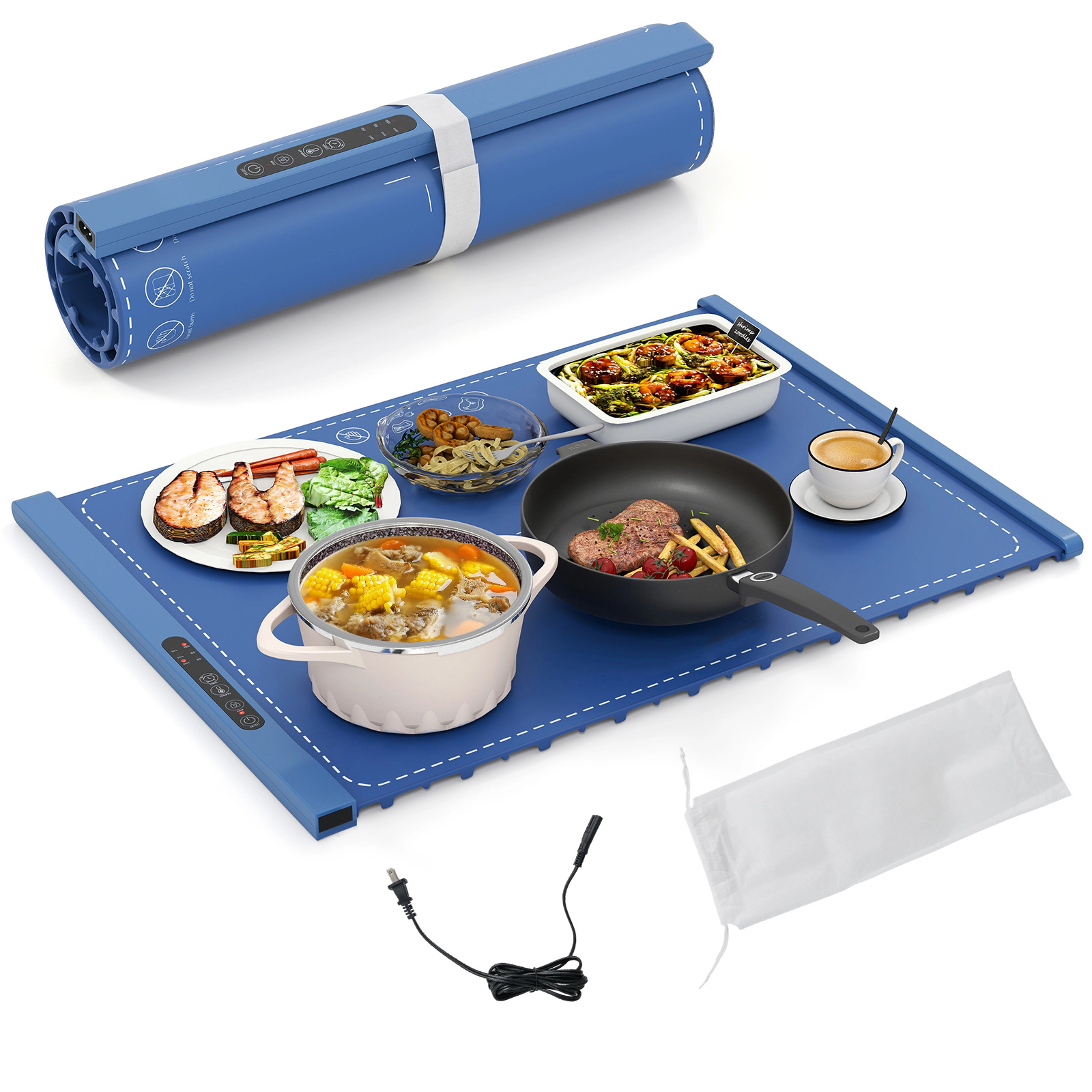 SUGIFT Rollable Silicone Electric Food Warming Mat Tray 10-Second Fast Heating 3 Temperature Levels 24 x 17-in Blue