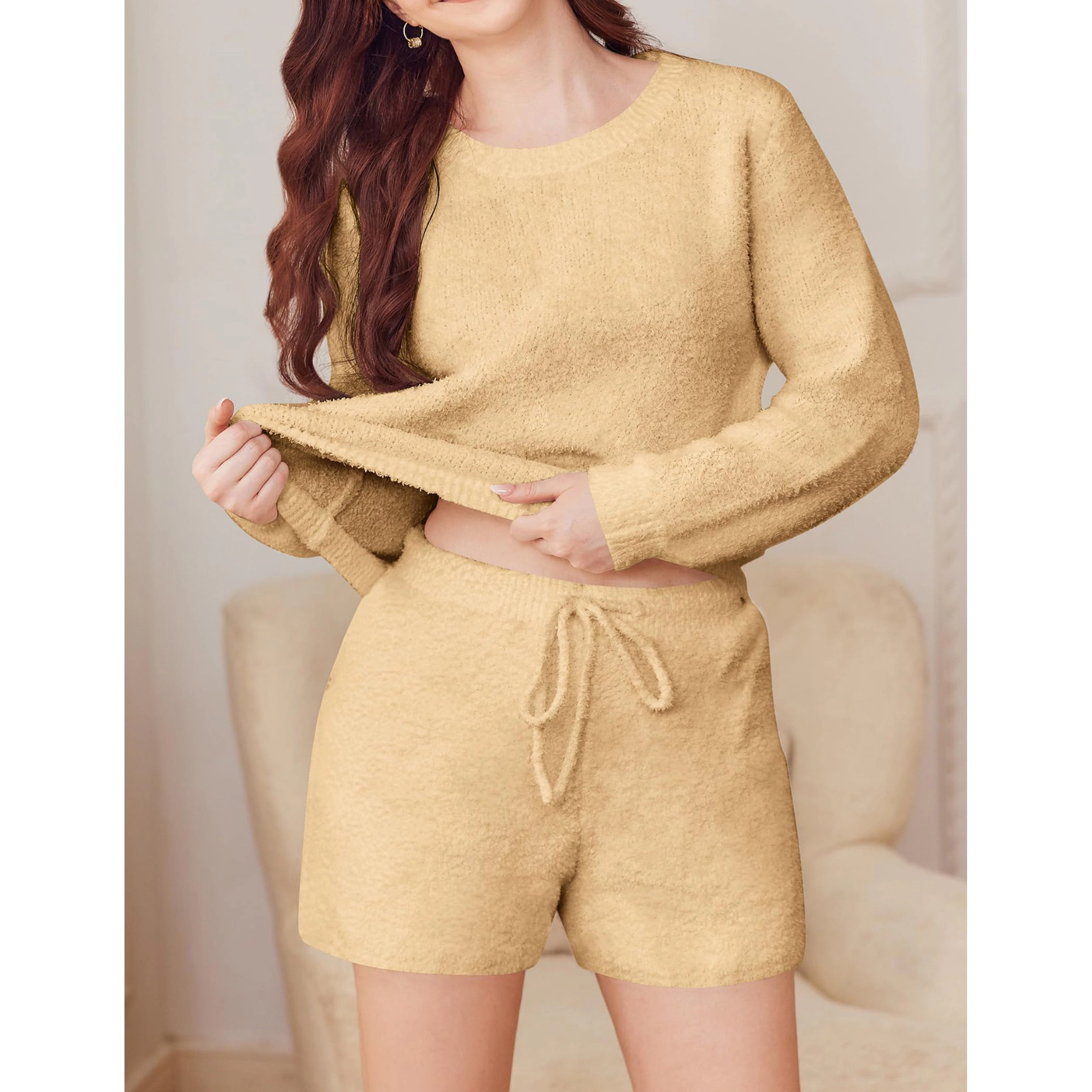 Ekouaer Fuzzy Fleece Pajamas 2 Piece Warm Soft Lounge Set Long Sleeve Sweater Top and Shorts
