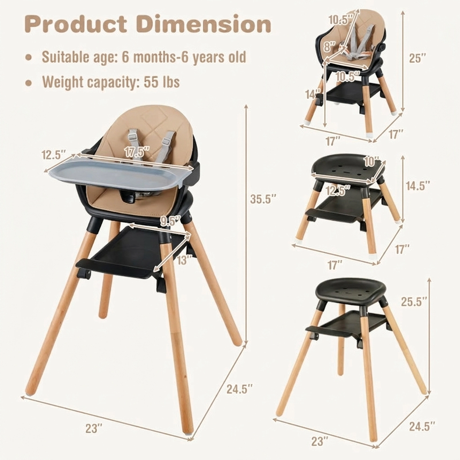 SUGIFT 6-in-1 Convertible Highchair with Safety Harness & Removable Tray 55-lb Capacity Ages 6 Months-6 Years Pink/White