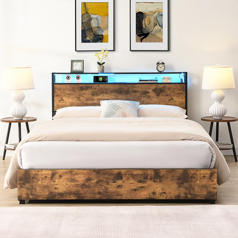 Flynama Full Bed Frame with Storage Headboard & Charging Station, Noise Free, Easy Assembly