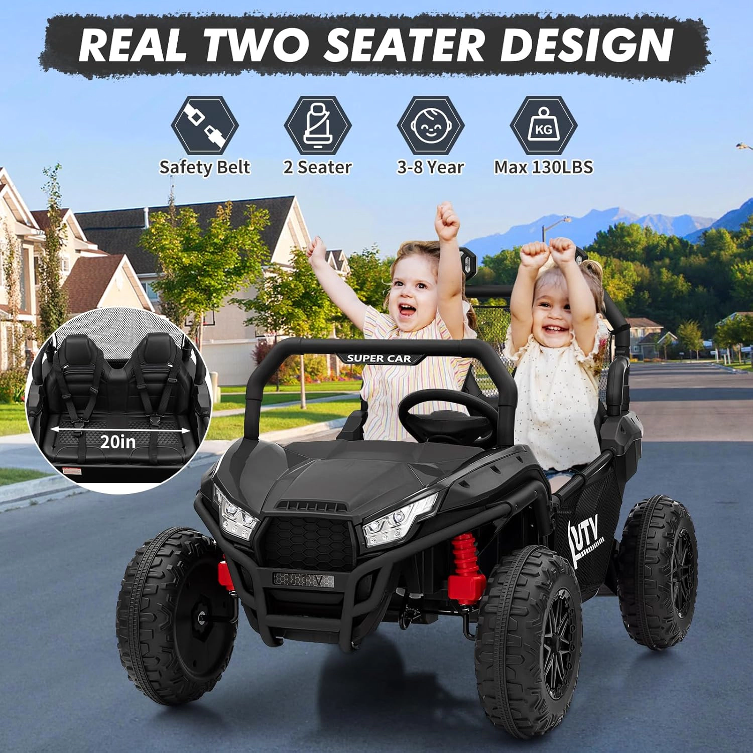 Enjyam 24V 2-Seater Kids Ride On UTV Truck, 400W Electric Car w/ Remote, LED Lights, Bluetooth, 2 Speeds