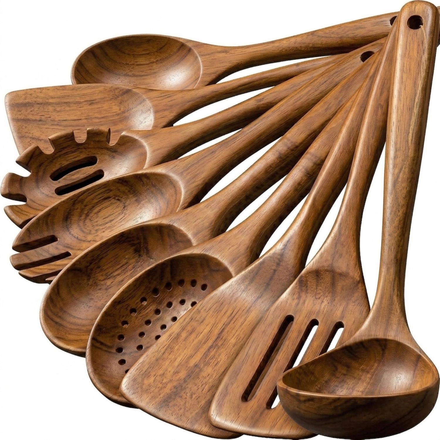 Zulay Kitchen 9-Piece Teak Wooden Utensils for Cooking - Smooth Finish Natural Teak Utensil Set