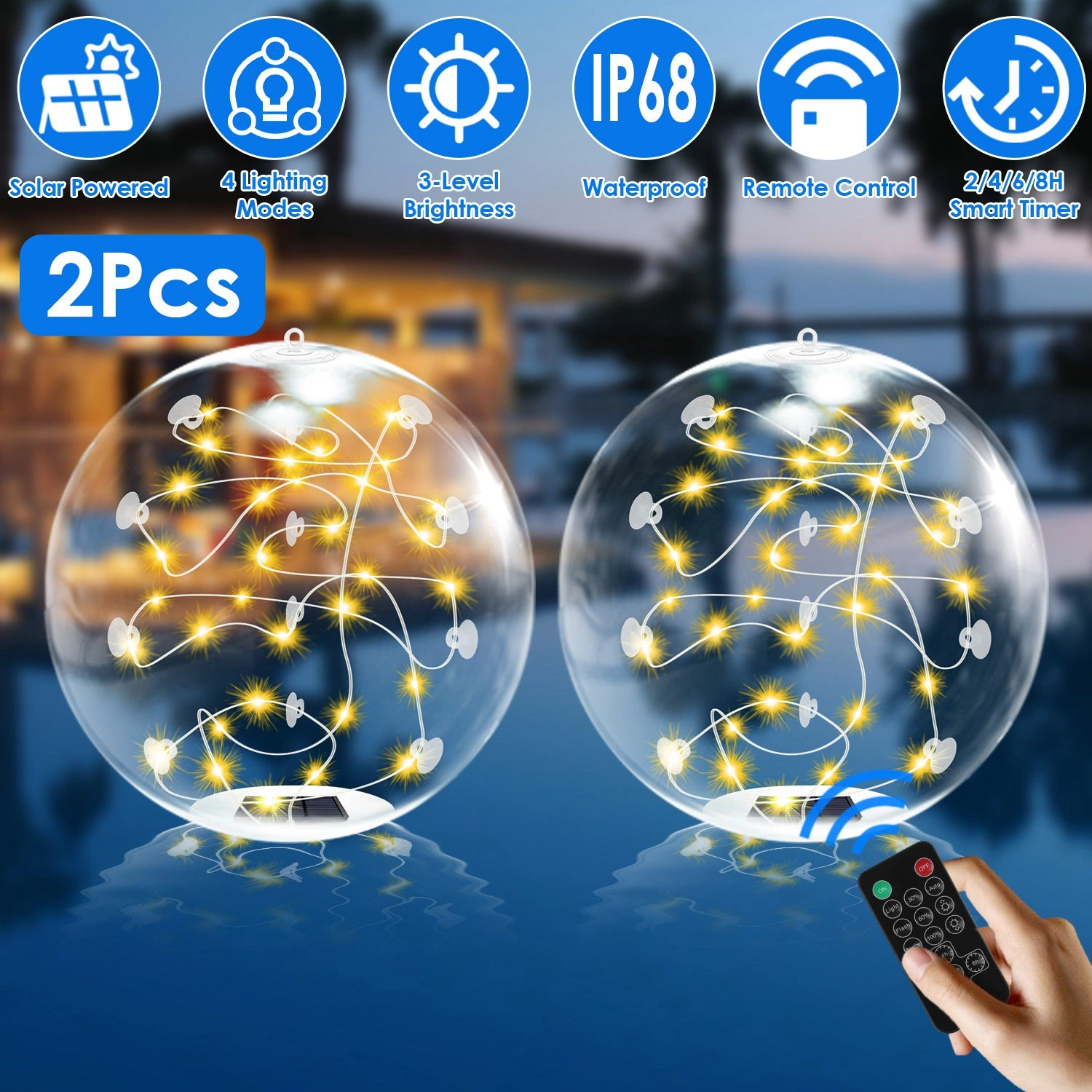 GBruno 2-Pc Solar Floating Pool Lights With Remote
