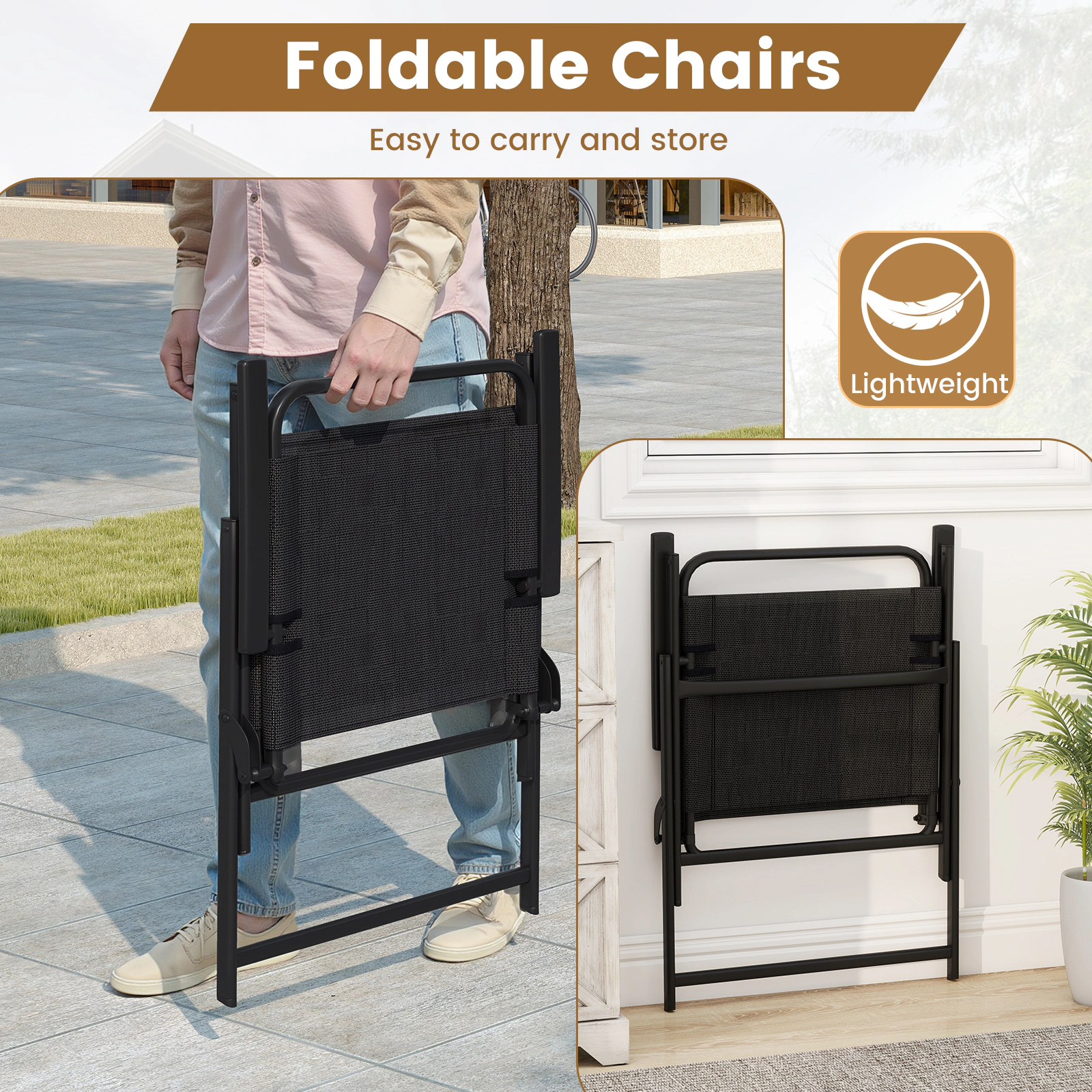 SUGIFT Black Breathable Fabric Seats 3-Piece Patio Folding Chair and Side Table Set