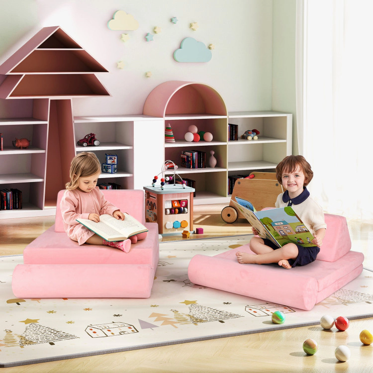Hivvago 8 Pieces Kids Play Couch Foam Building Fort Play Set With Suede Cover-Pink