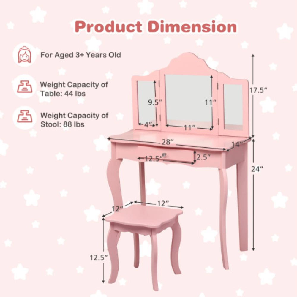 Hivvago Kids Makeup Dressing Mirror Vanity Table Stool Set