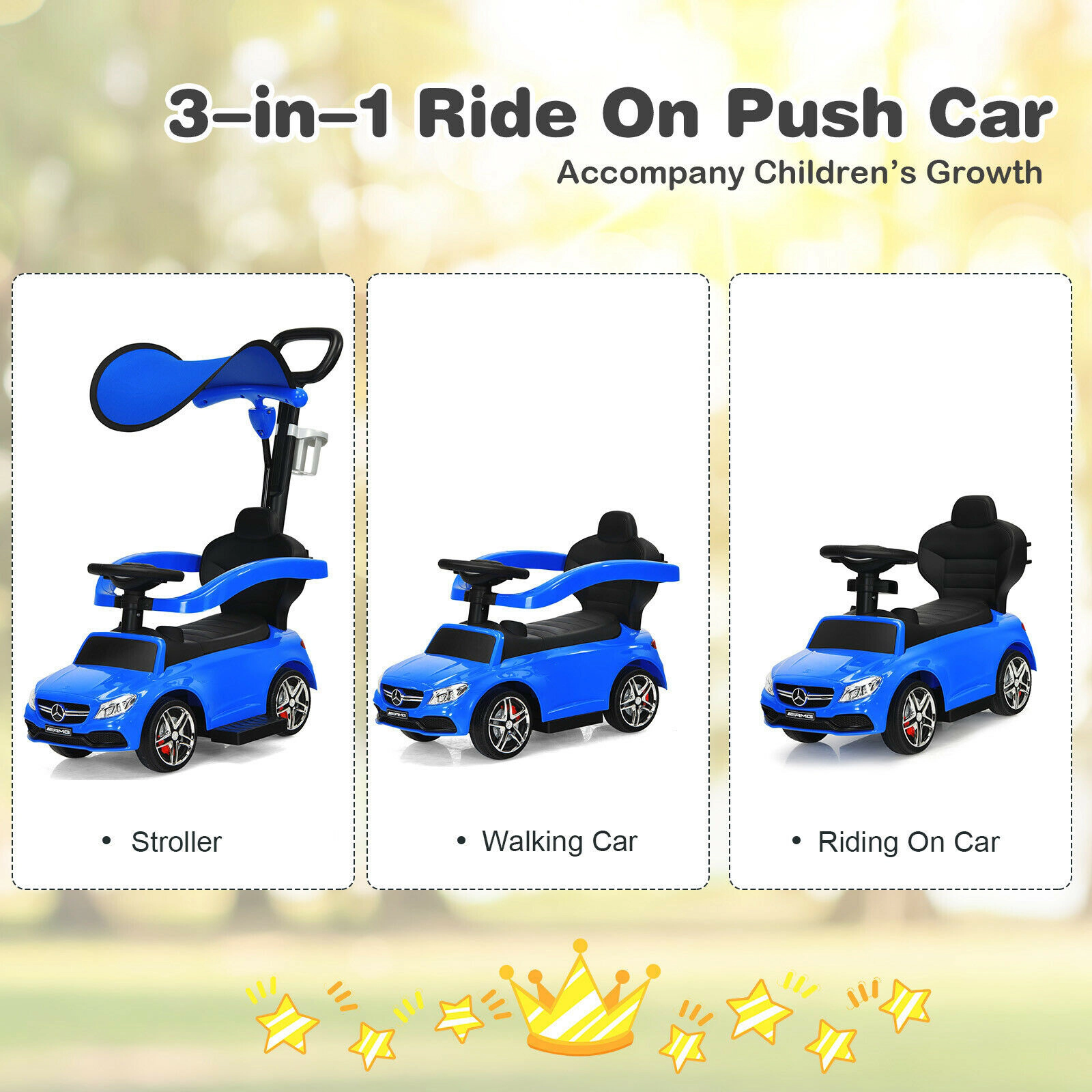 SUGIFT 3-in-1 Ride-On Push Car Mercedes-Benz Sliding Car Canopy 55-lb Capacity Ages 18-36 Months Black Navy Pink