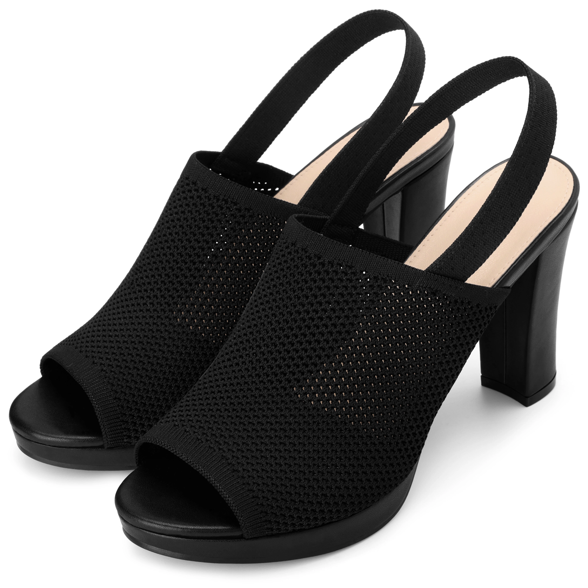 BLISSFUL STEP Women's Knit Peep Toe Platform Slingback Chunky Heels Sandals