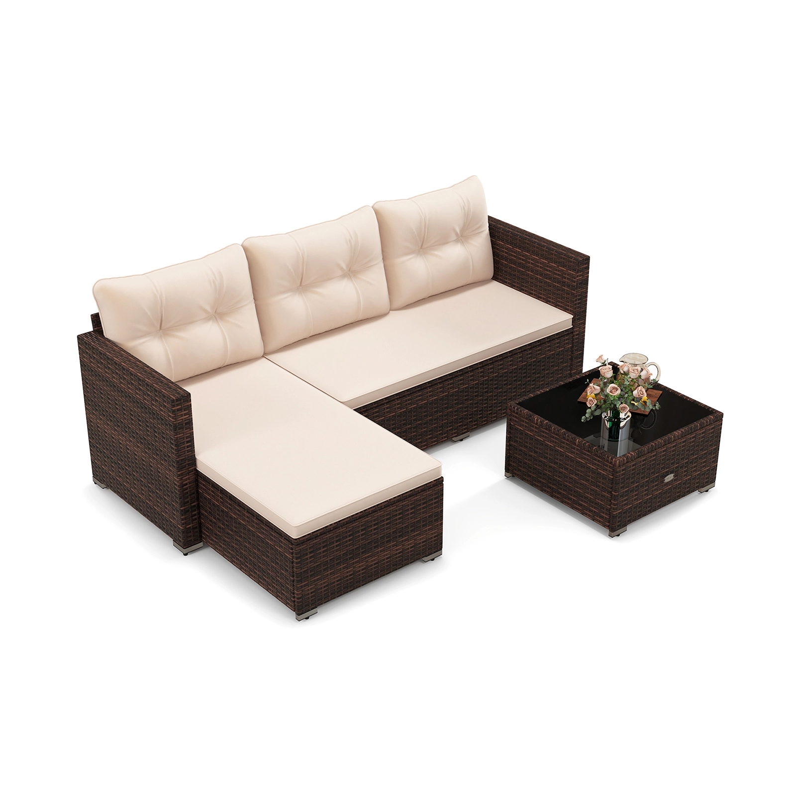 LJG 4 Seats Outdoor Wicker Furniture Set with Tempered Glass Coffee Table and Soft Cushions