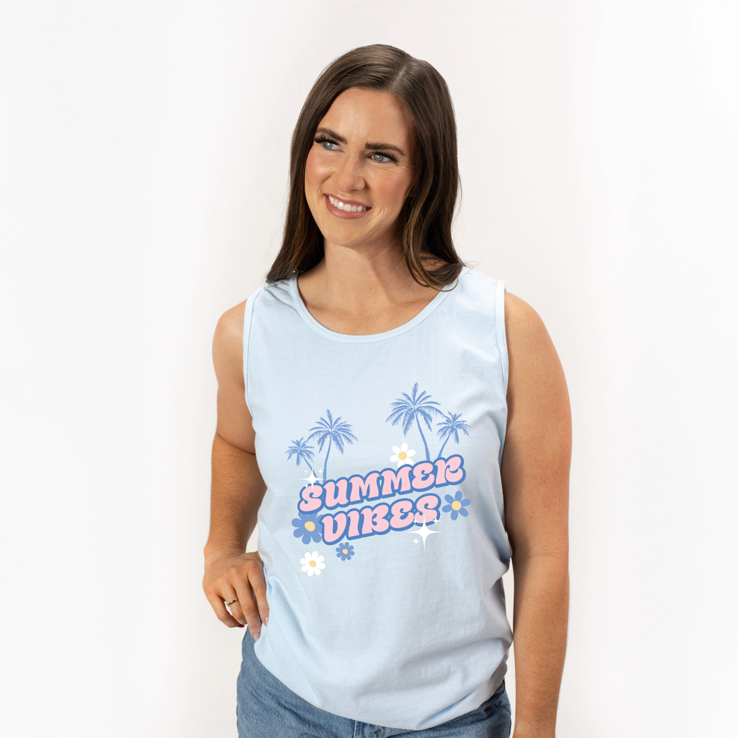 Simply Sage Market - Summer Vibes Palm Trees Floral Women's Garment Dyed Graphic Tank Top