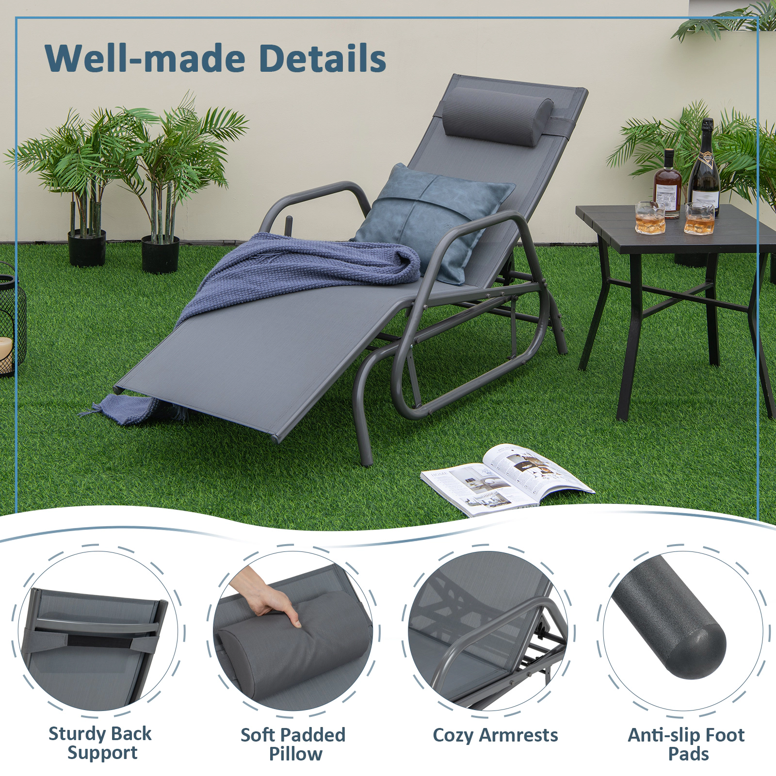 SUGIFT Armrests and Adjustable Pillow 350-lb Outdoor Glider Chaise Lounge Chair