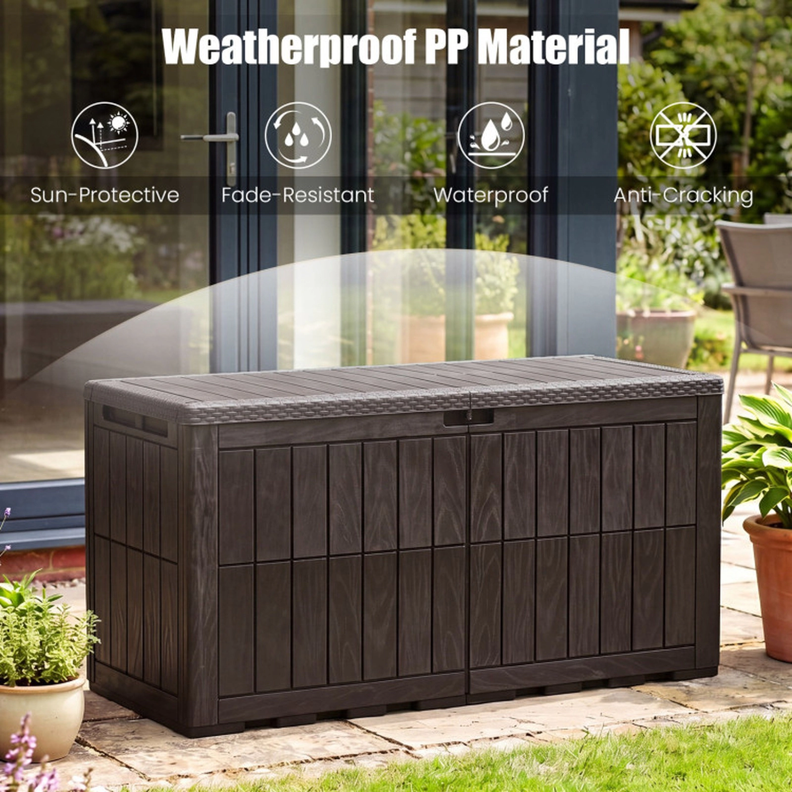 SUGIFT 120 Gal Outdoor Deck Storage Box with Hydraulic Lid and Handles 540-lb Seating Capacity Dark Brown
