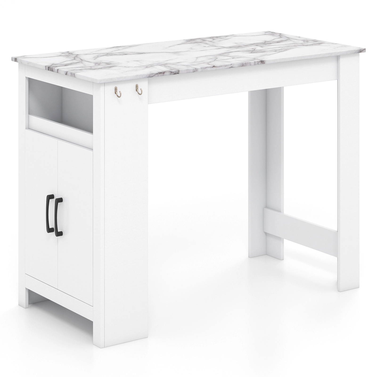 SUGIFT Faux Marble Bar Pub Table Storage Compartment & 7 Hanging Hooks 47-in Frame 220-lb Tabletop Capacity White MDF
