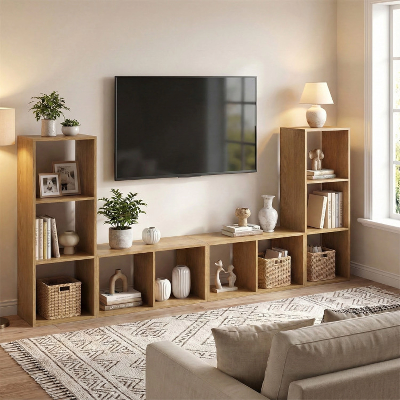 SUGIFT 3-Cube Engineered Wood Bookshelf with Back Guardrail 145-lb Capacity 41-in Tall 3-Piece White Natural Black Brown