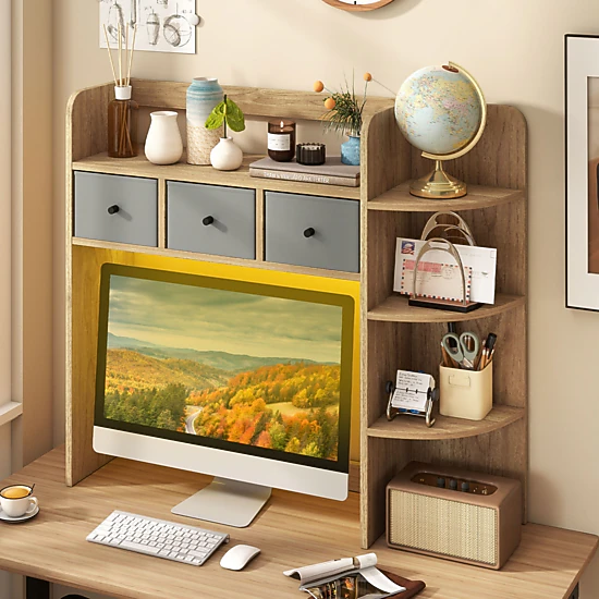 LJG Desktop Bookshelf with LED Lights 5-Tier Shelves and 3 Drawers for Home Officce