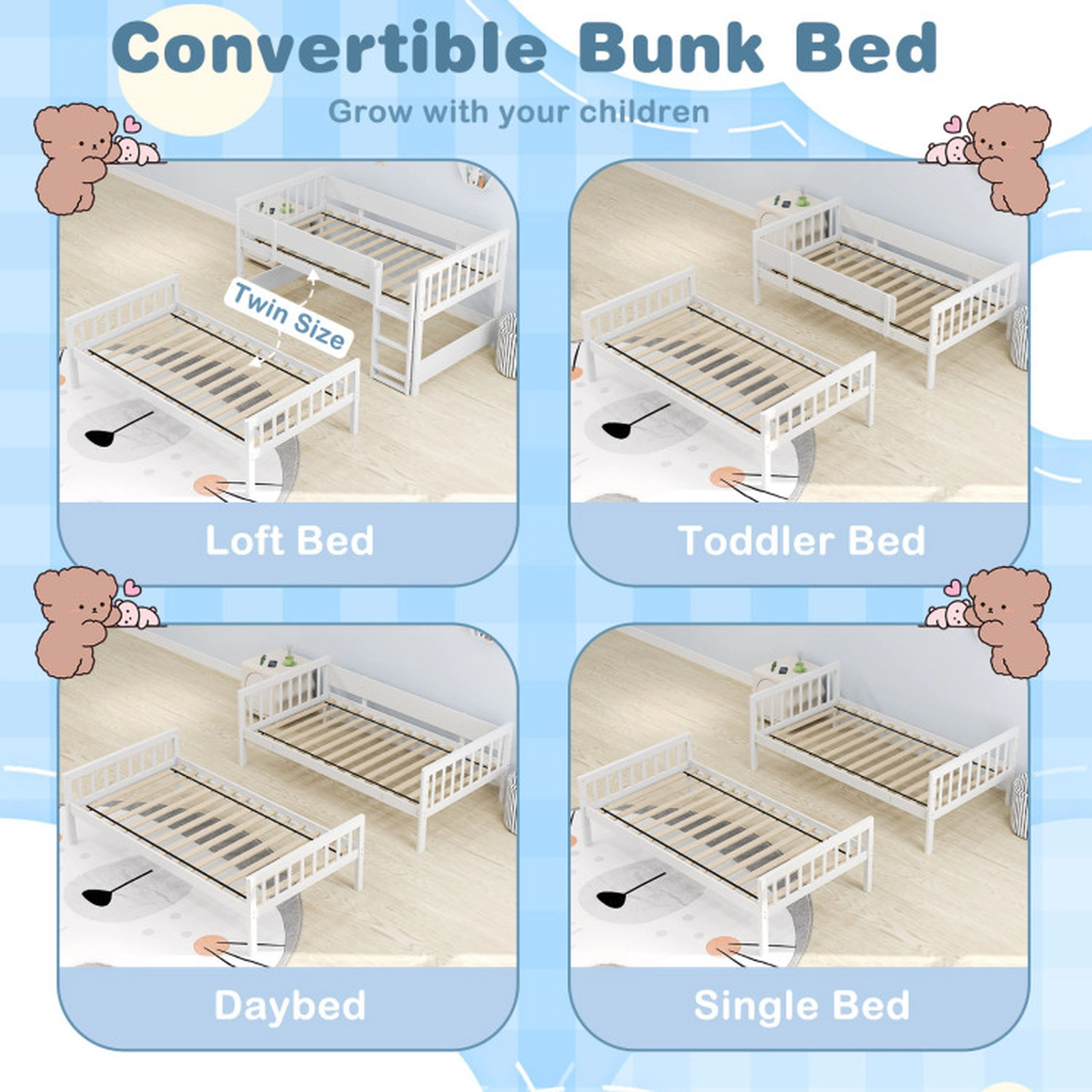 SUGIFT Convertible Twin-Over-Twin Bunk Bed with Ladder and Full-Length Guardrails 240-Lb Capacity White