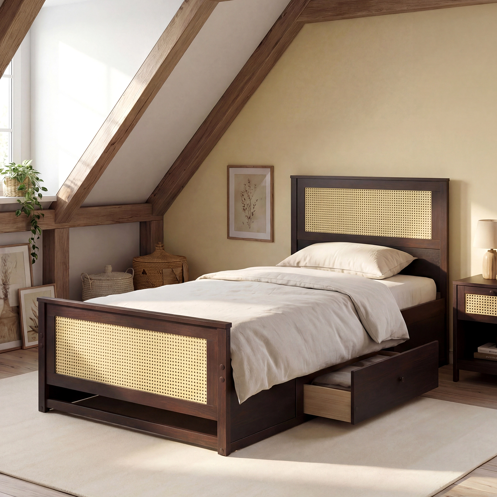 SUGIFT Twin Rattan Platform Bed, Coffee, 2 Storage Drawers, Cane Headboard