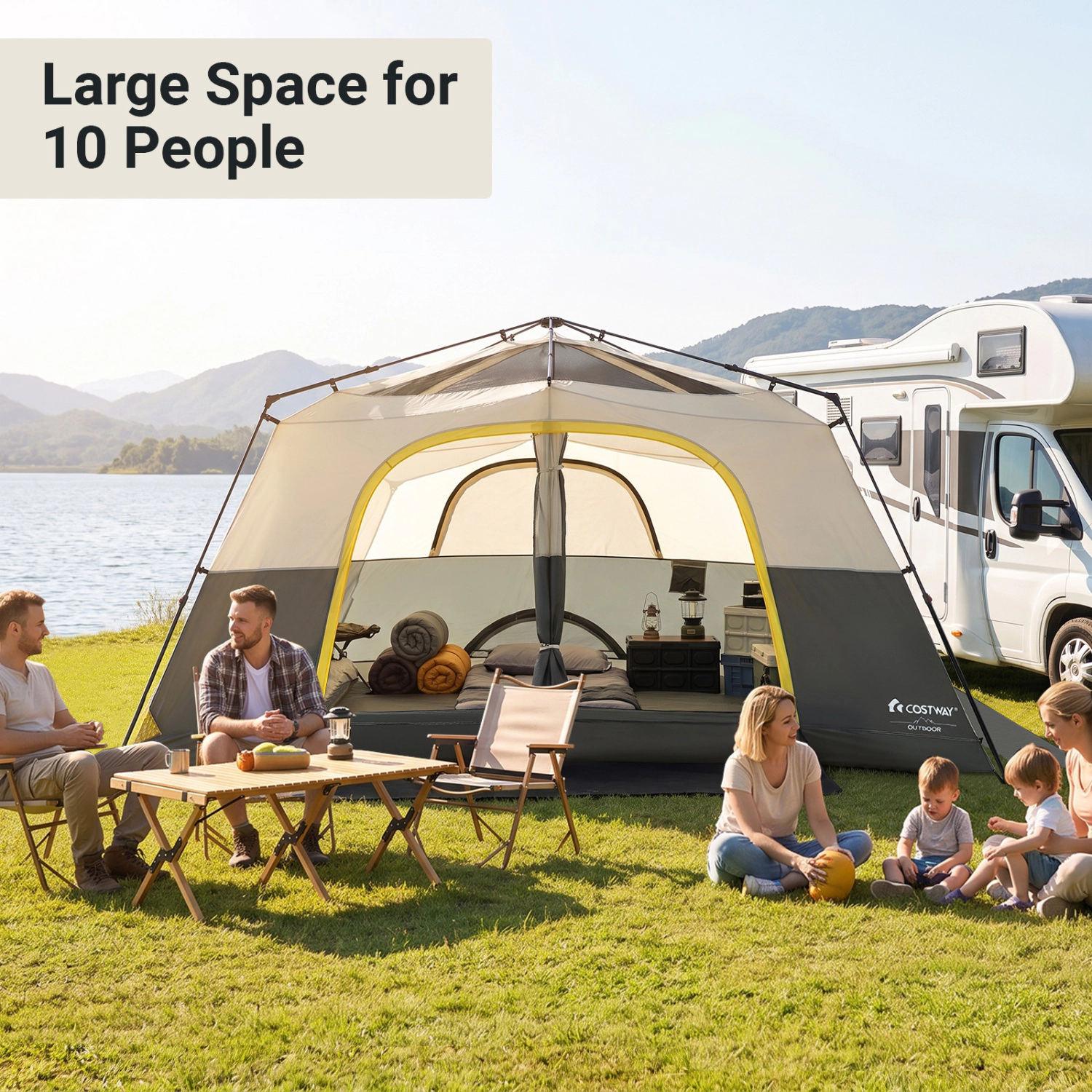 LJG 10 Person Instant Cabin Camping Tent with Rainfly 13 ft x 9 Portable Large Family