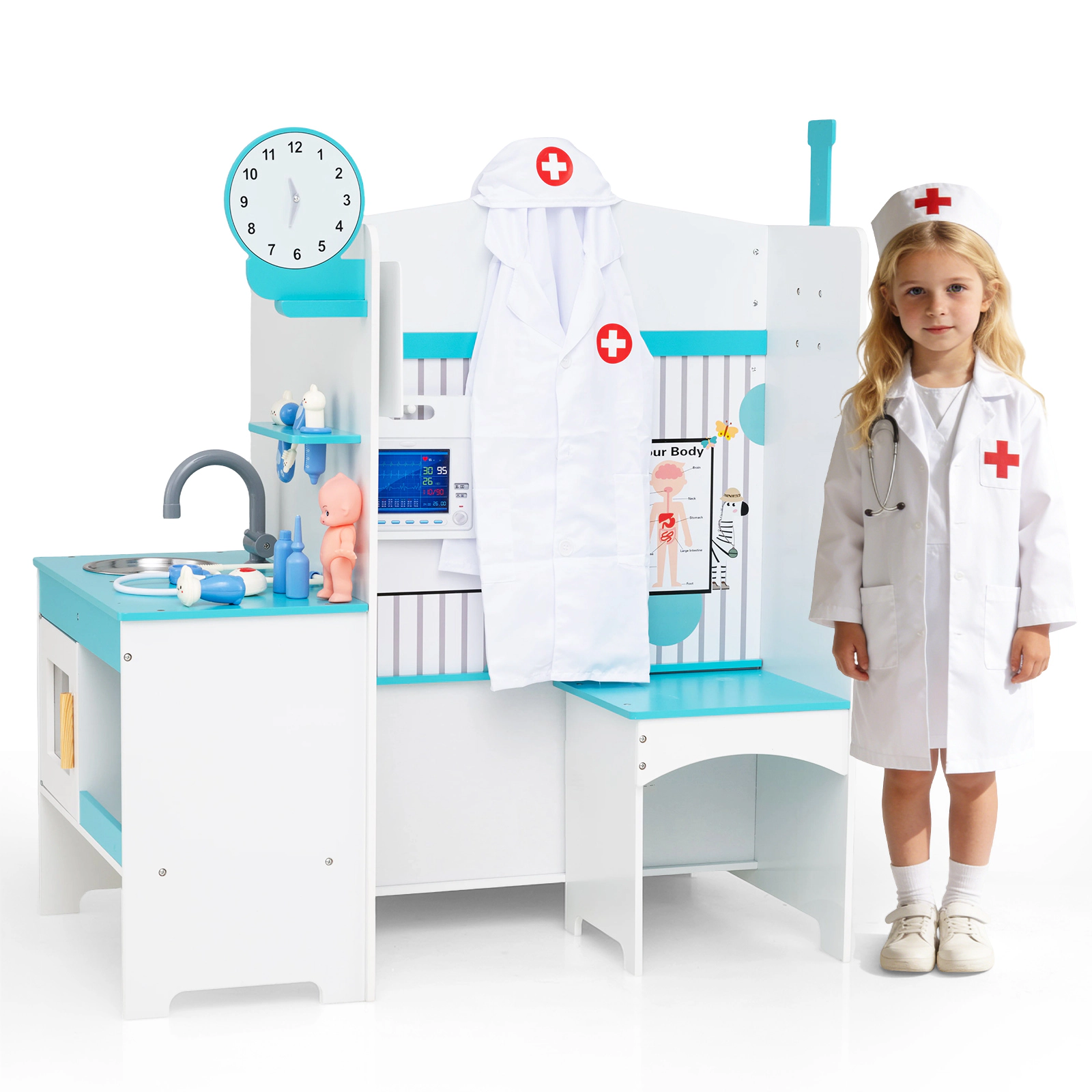 SUGIFT Blue Height Measuring Bar ECG Monitor and 27 Accessories Kids Doctor Play Set