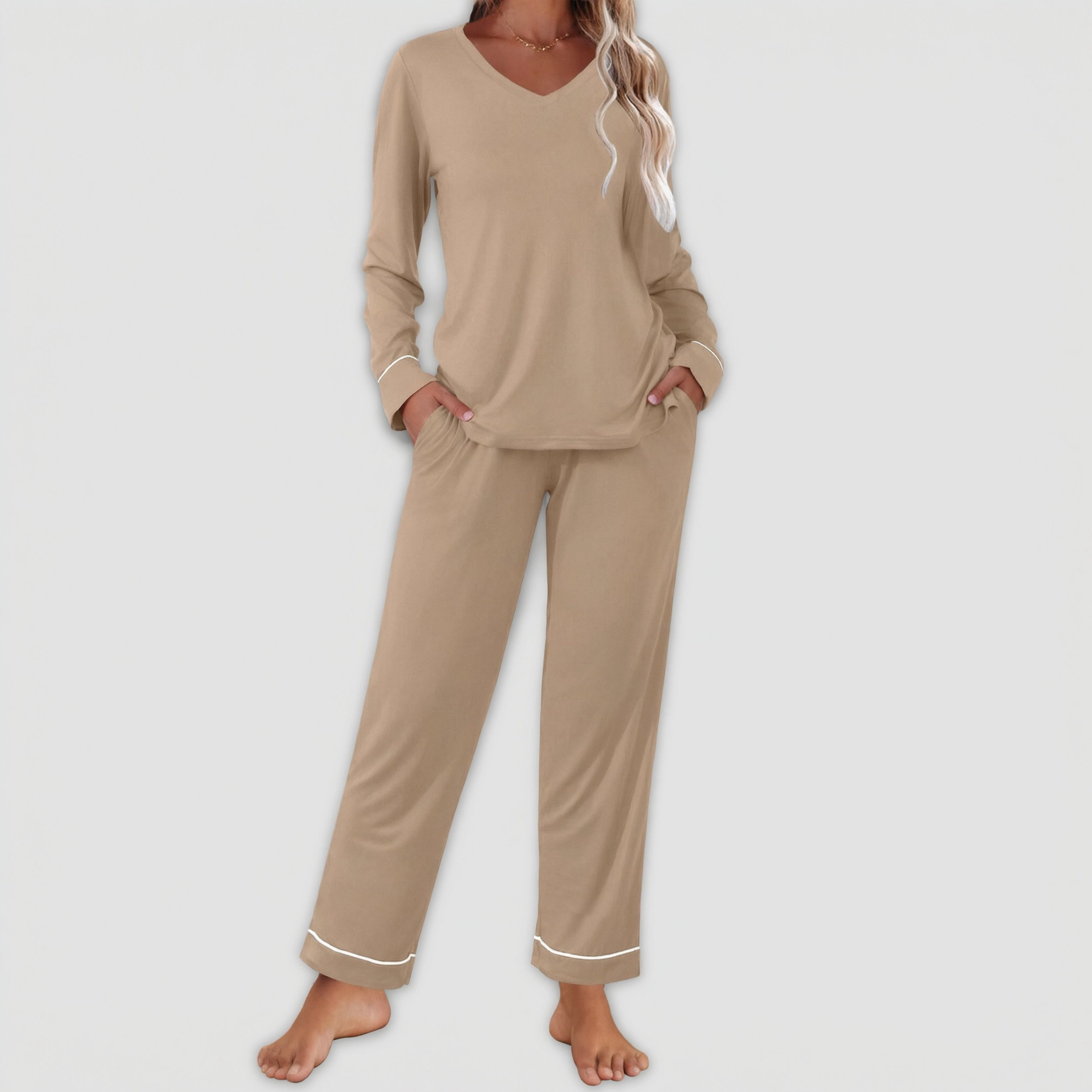Ekouaer Womens Pajama Sets Two Piece Lounge V neck Long Sleeve Top and Elastic Waist Pants