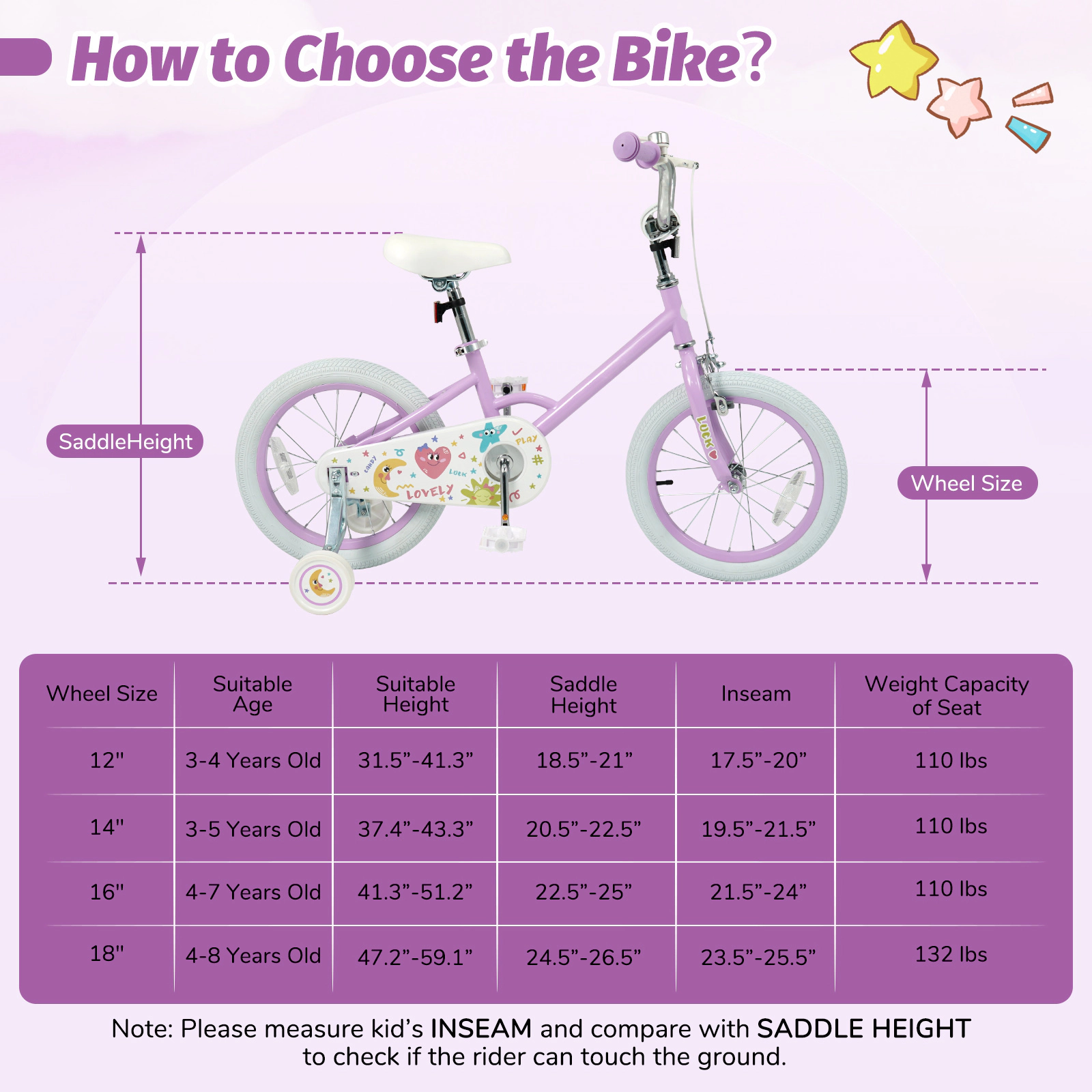 SUGIFT Adjustable 16-Inch Kids Bicycle with Training Wheels 110-lb Seat Capacity Ages 4-7 Purple Stars & Moon