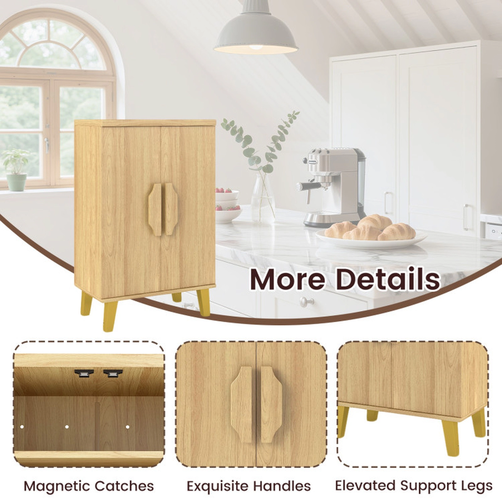 SUGIFT 23.5-in 45-lb Shelf 37.5-in Tall Natural Buffet Cabinet with Double Doors Removable Shelves and Raised Legs