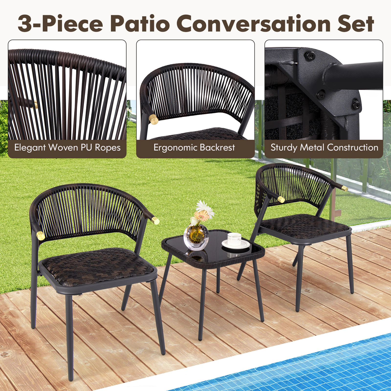 SUGIFT 3-Piece Patio Rattan Conversation Set with Quick Dry Foam Chairs 400-lb Capacity Mix Brown and Black