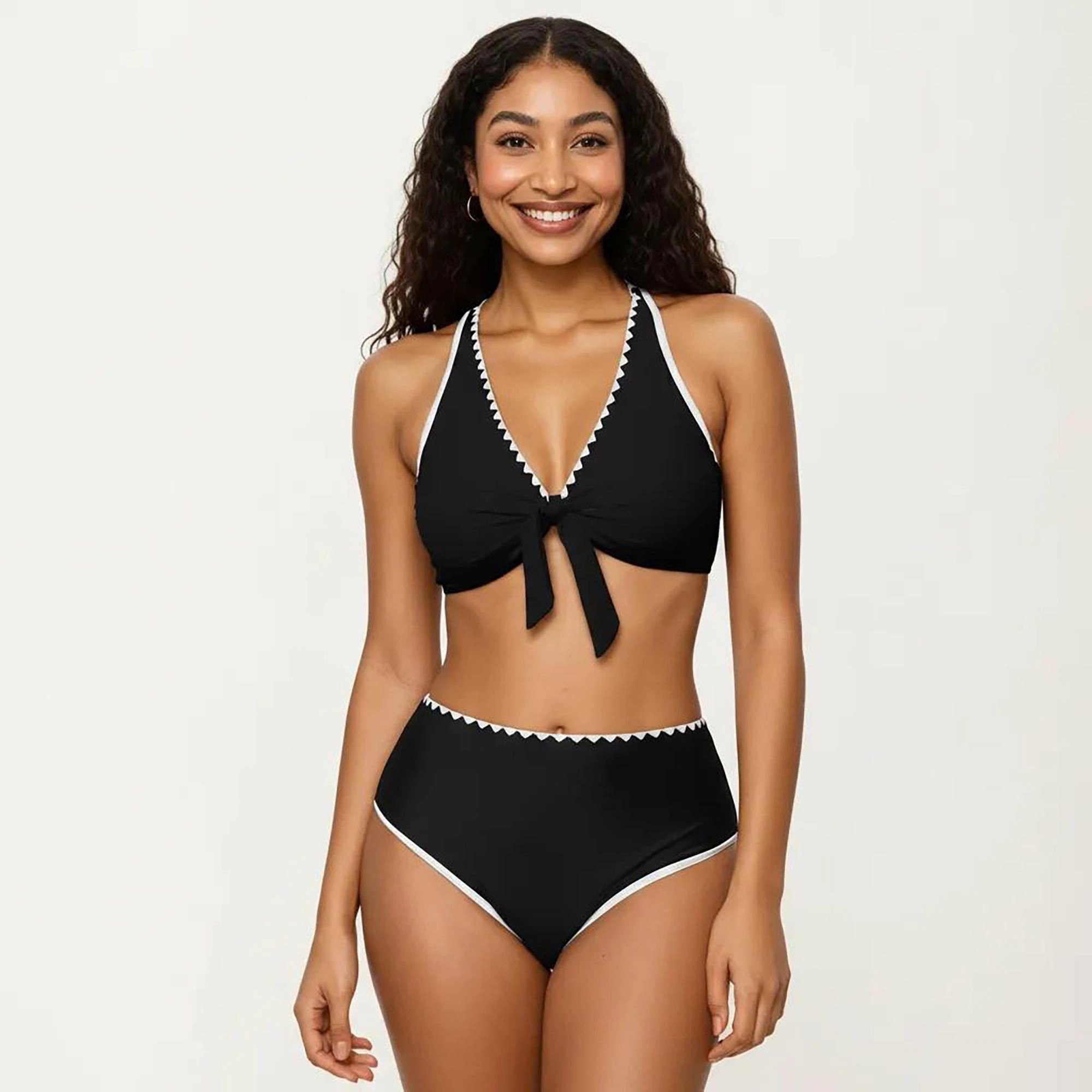 Anna-Kaci Women's 2-Piece Set Tie Front Bikini Top with Scalloped Trim and High-Waisted Bottom