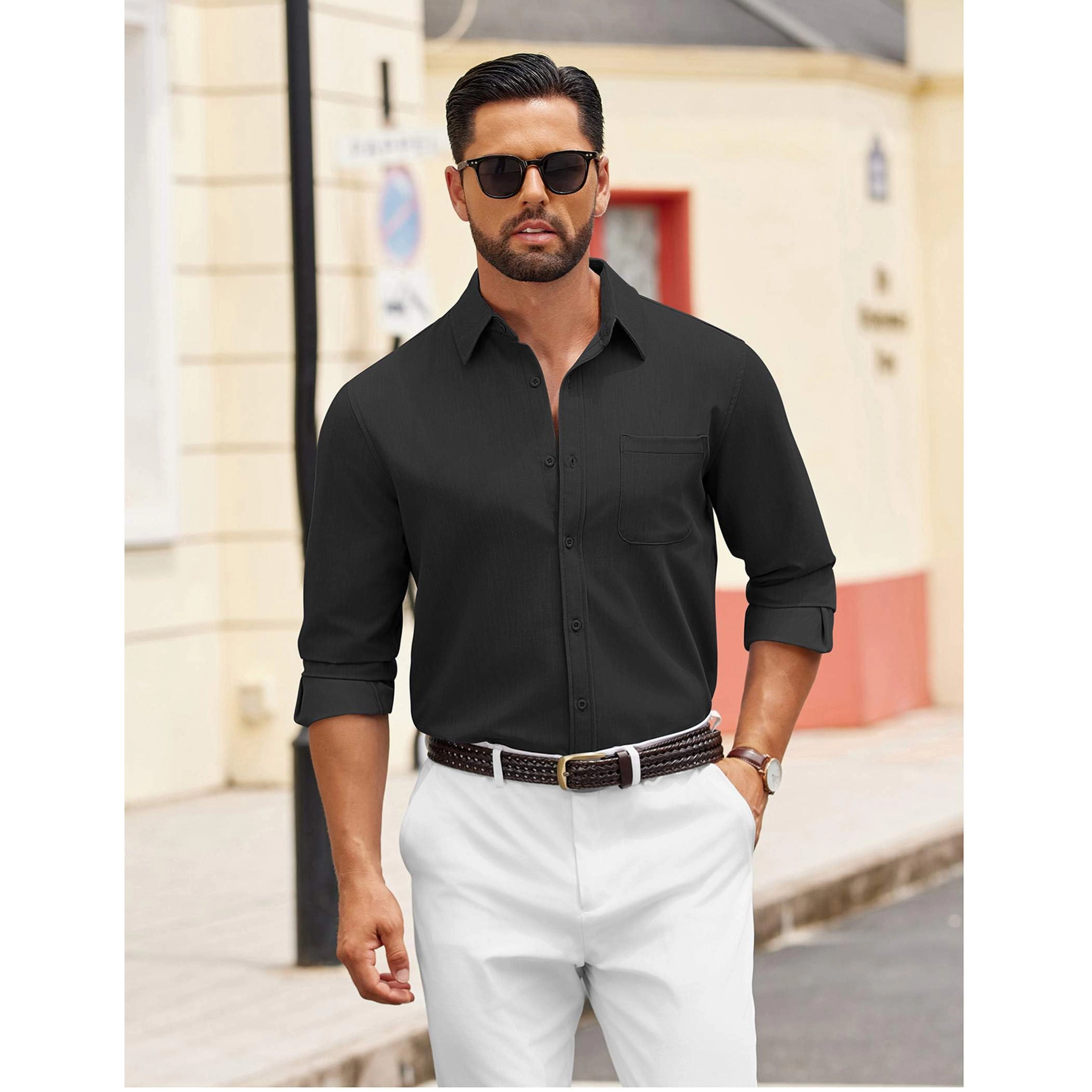 COOFANDY Mens Long Sleeve Button Down Shirt Classic Collar Chest Pocket Casual Tops