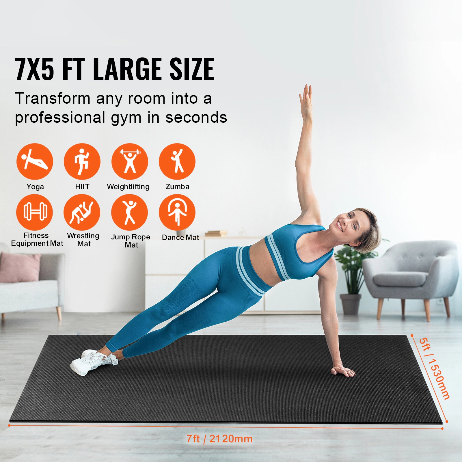 HONGGE Non-Slip Yoga Mat, 7x5 ft PVC Exercise Mat for 1-2 People, Home Gym Workout Mat with Carry Bag