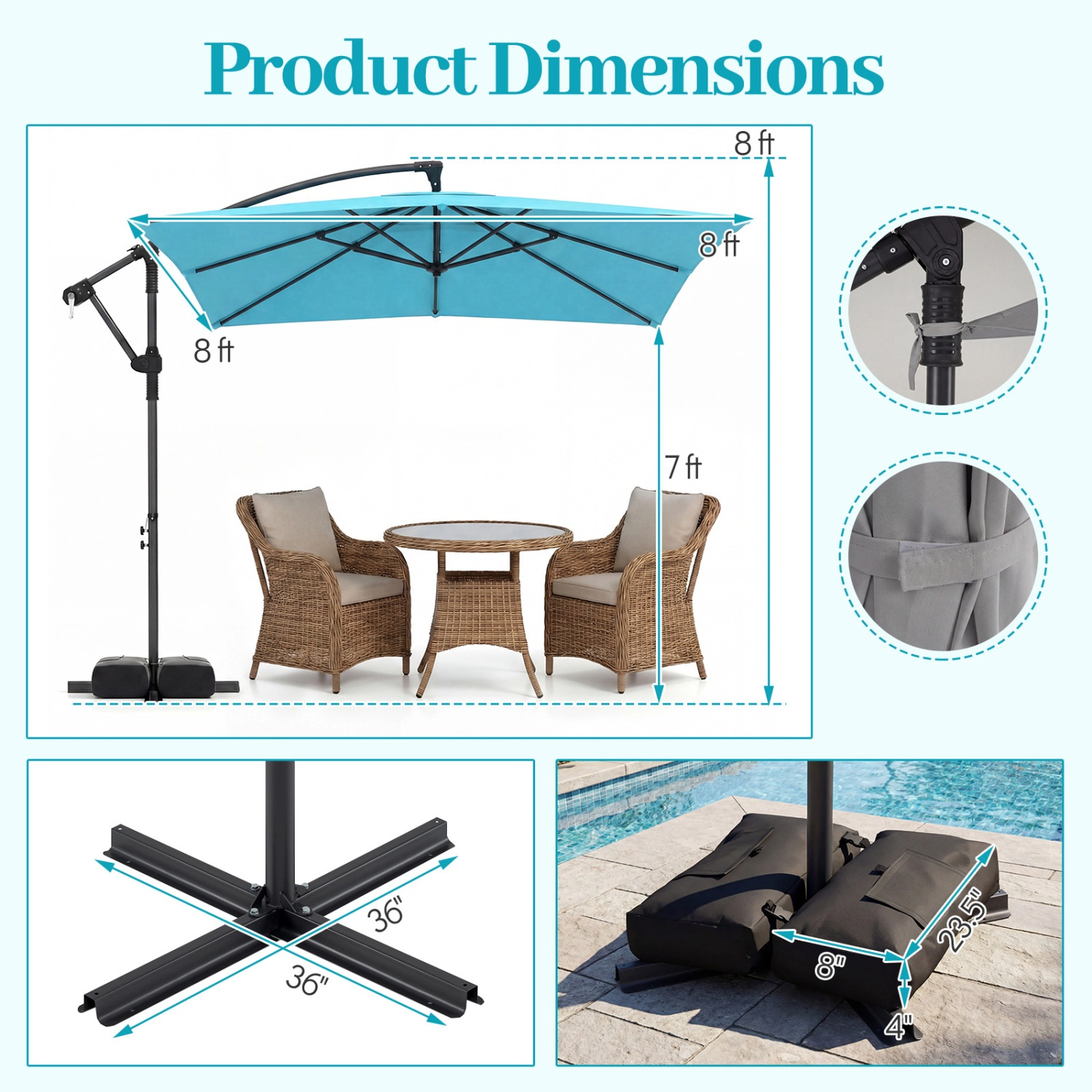 SUGIFT 8 x 8-ft Offset Cantilever Square Patio Umbrella 360° Rotation Double-Tier Canopy 116-lb Base Capacity Turquoise