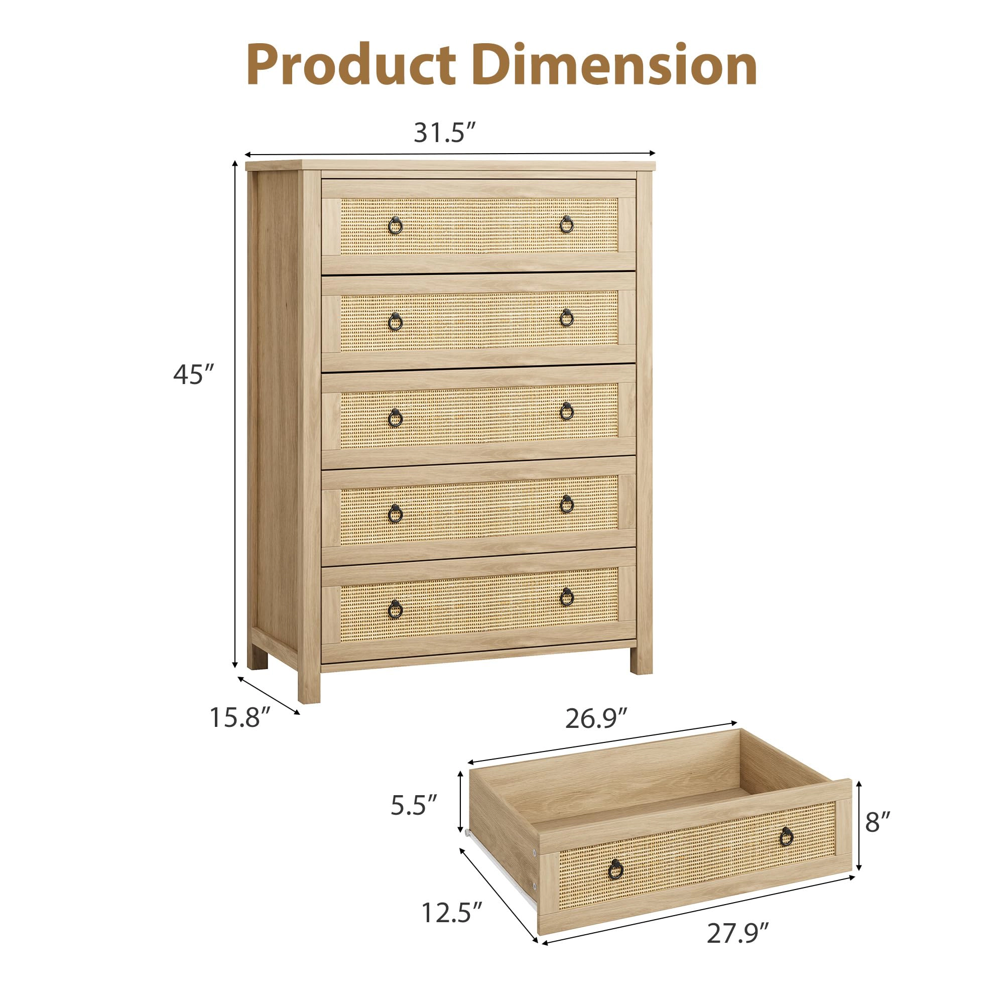 Rattan 5 Drawer Dresser, 45" Tall Wooden Storage Chest & TV Stand for Bedroom Living Room Entryway