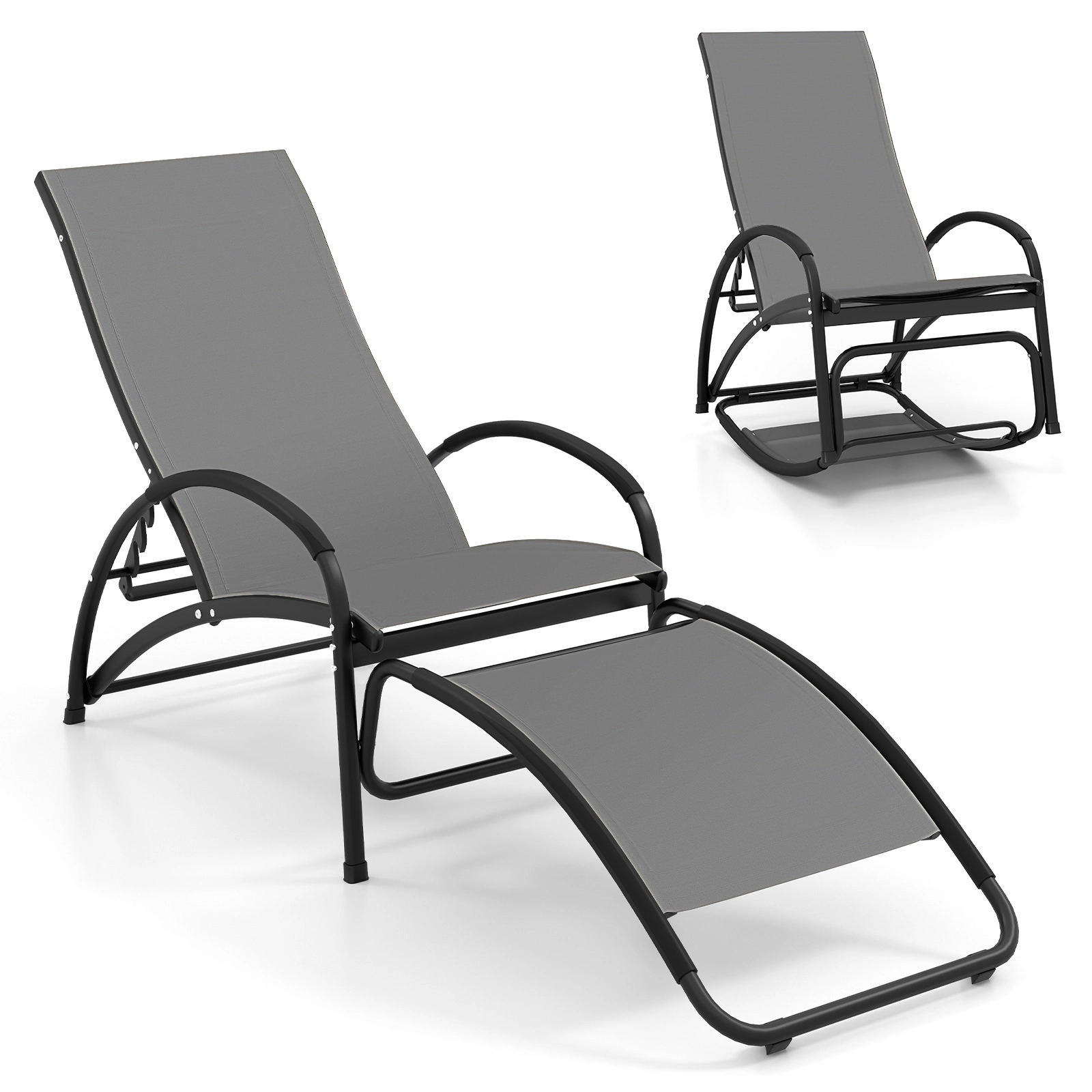 SUGIFT Gray Aluminum 2-in-1 Outdoor Rocking and Reclining Lounge Chair, 4-Position Backrest