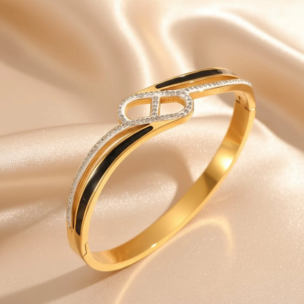 DressAtR Women's Oval Rhinestone 18K Gold Plated Bangle