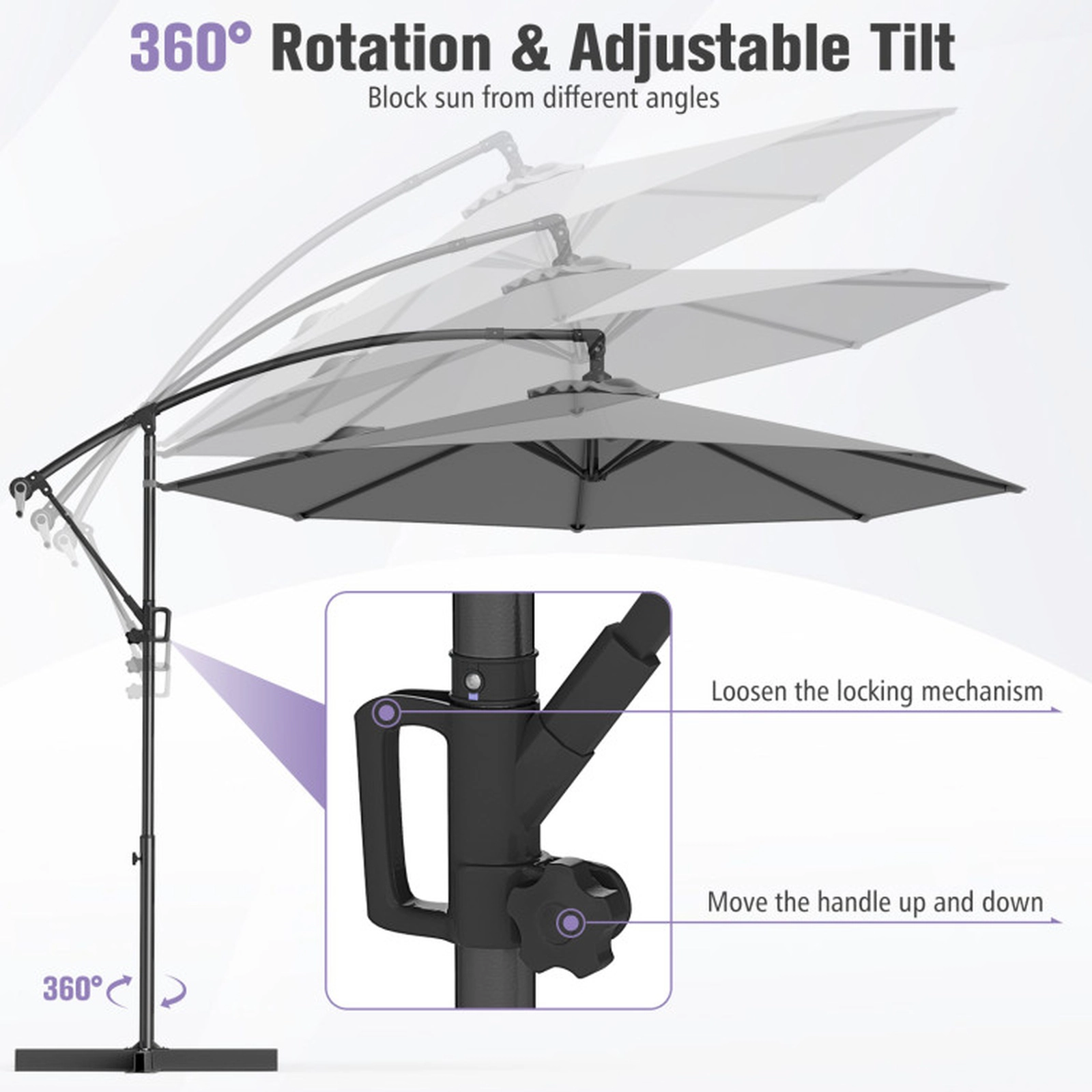 SUGIFT 10-ft Grey Offset Cantilever Patio Umbrella with Weighted Base Crank Lift and Vented Crown