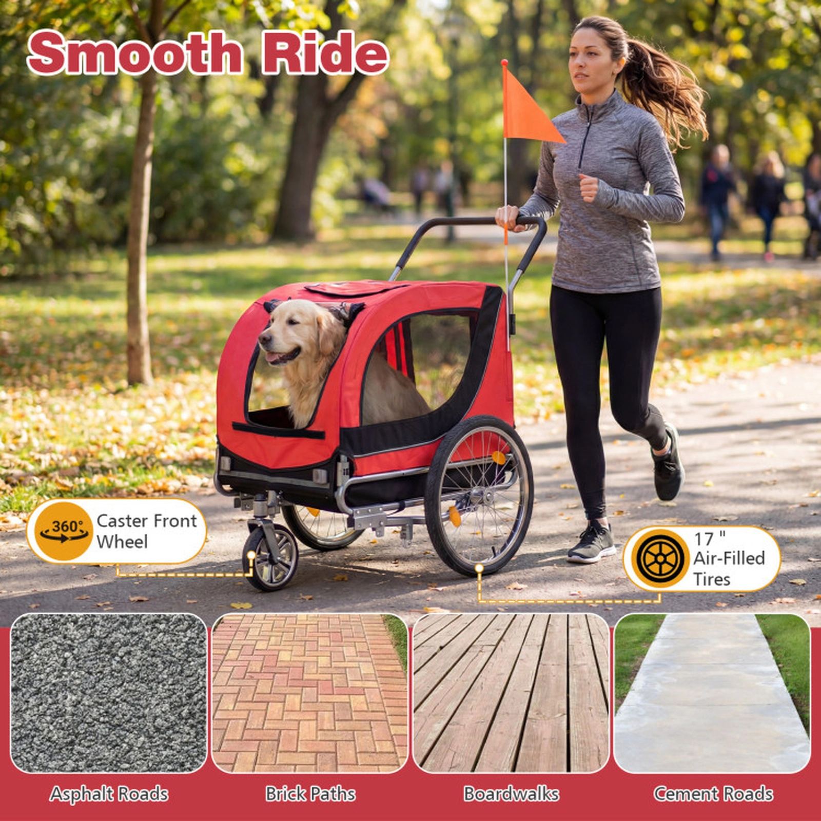 SUGIFT Red 2-in-1 176-lb Capacity Folding Dog Bike Trailer and Pet Stroller with Universal Bicycle Coupler