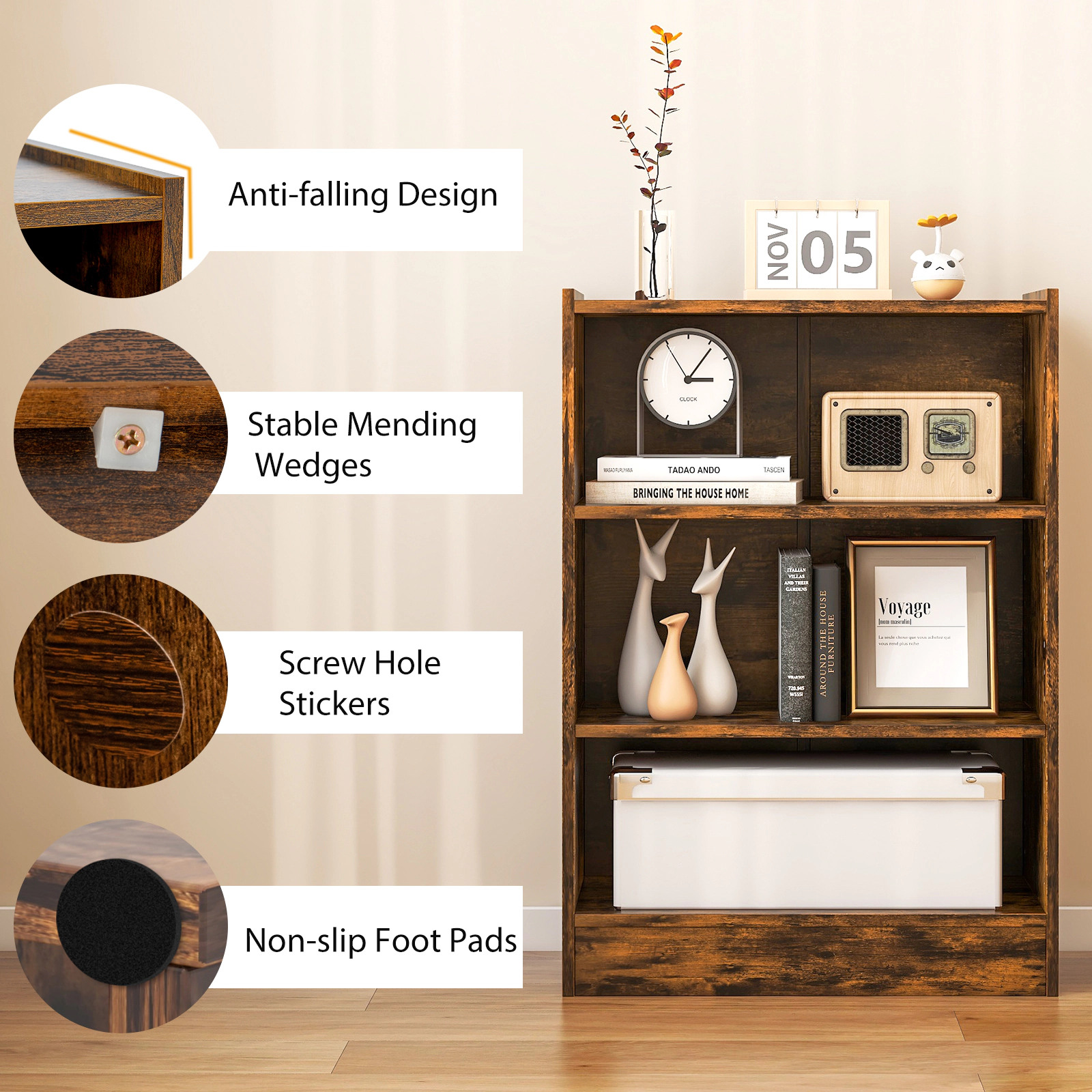 SUGIFT 3-Tier Rustic Brown 29.5-in Small Bookshelf with 18-Position Adjustable Shelves and Raised Top