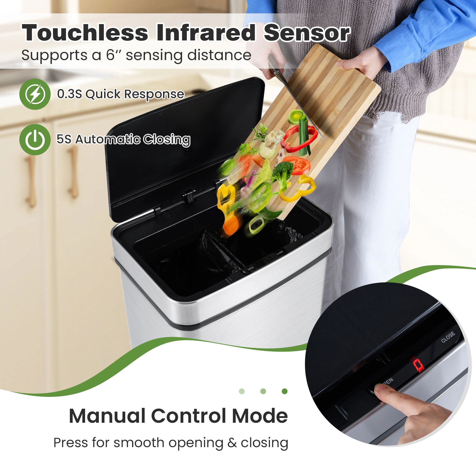 Hivvago 16 Gallon Trash Can Infrared Motion Sensor Garbage Can with Dual Compartments