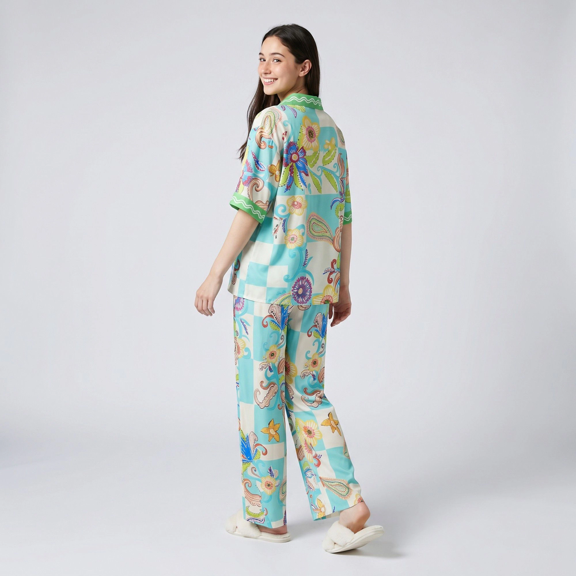 Anna-Kaci Women's 2-Piece Paisley Floral Pajama Set with Short Sleeve Button Top and Wide Leg Pants