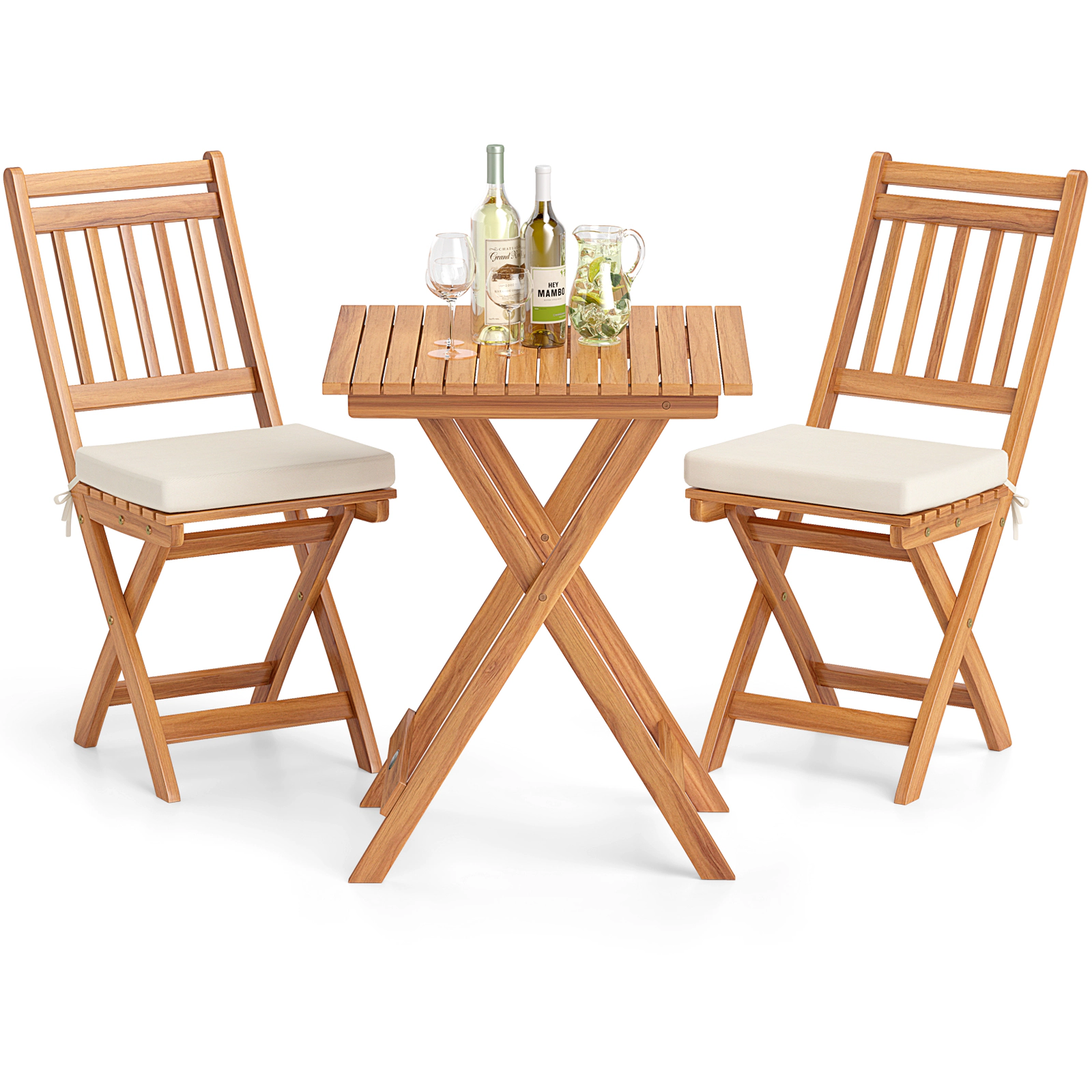 LJG Outdoor Wood Bistro Set with Soft Seat Cushions and Table