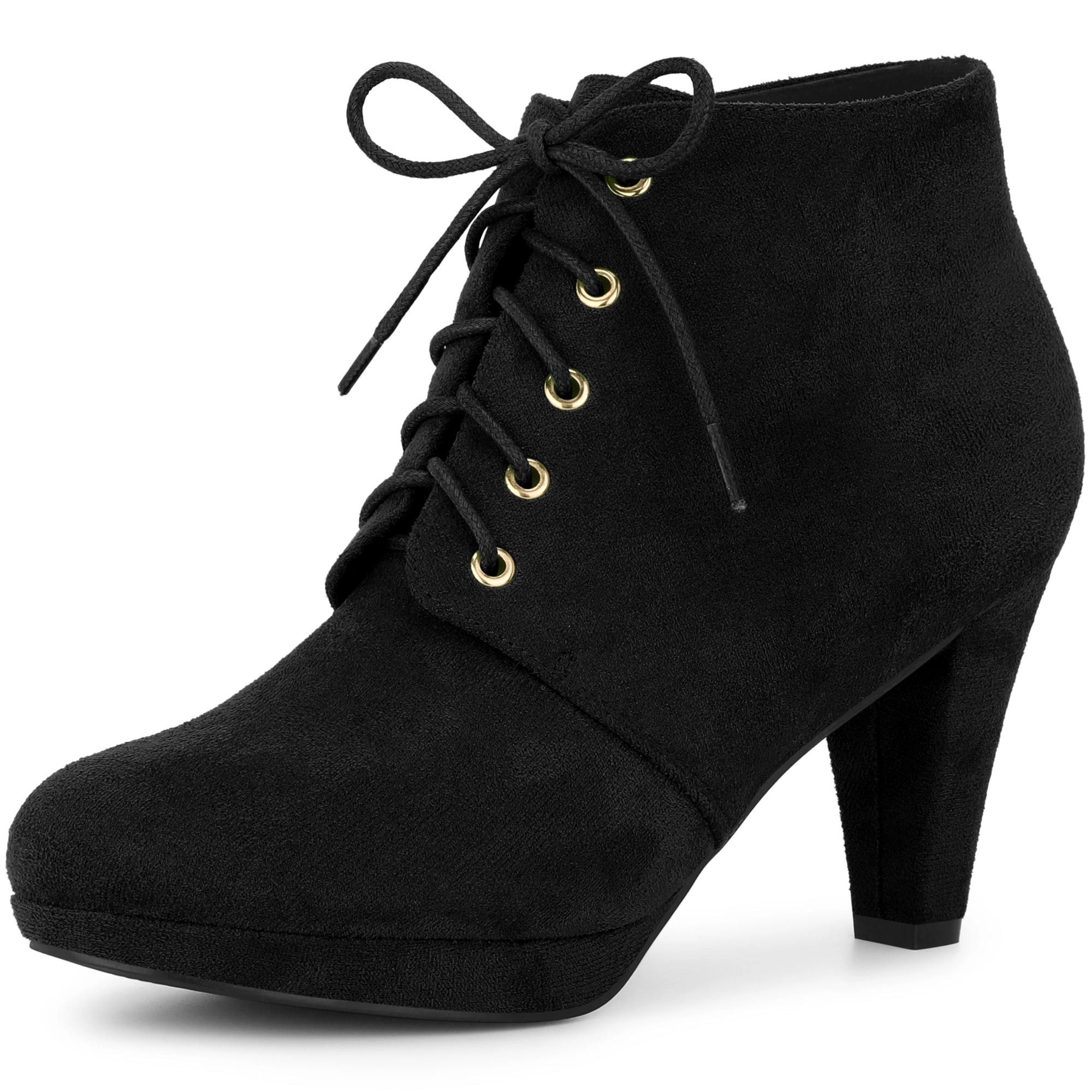 BLISSFUL STEP Women Faux Suede Lace Up Platform Chunky Heel Ankle Booties