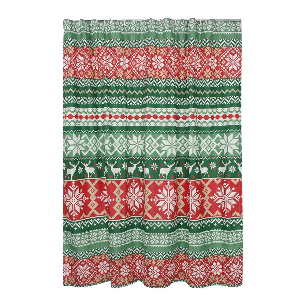 Greenland Home Fashion Fair Isle with Reinforced Button Holes Shower Curtain 72" x 72" Red