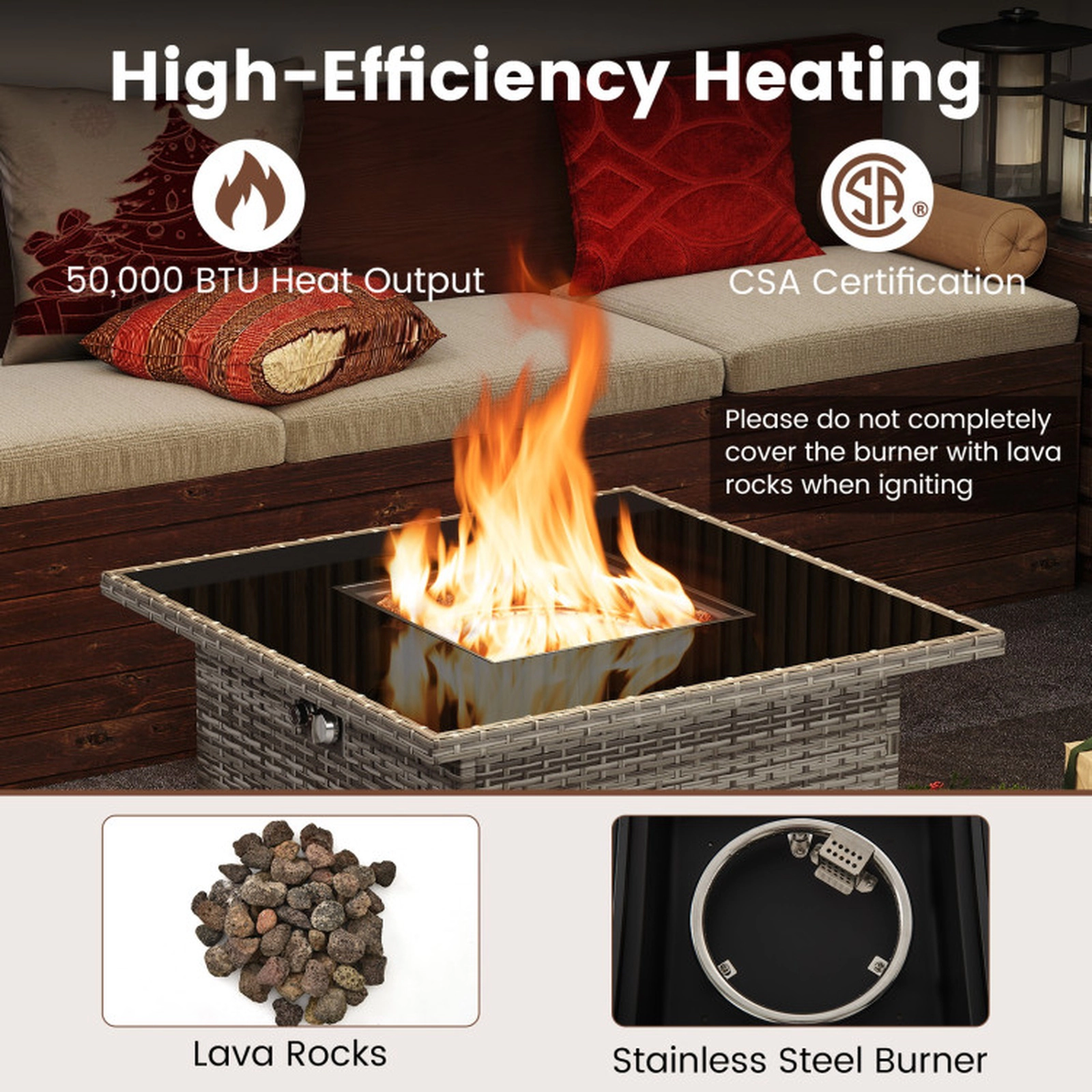 SUGIFT Square Gray Wicker Propane Fire Pit Table with Lid 32.5-in W 32.5-in D 26-in H 220-lb Tabletop Capacity
