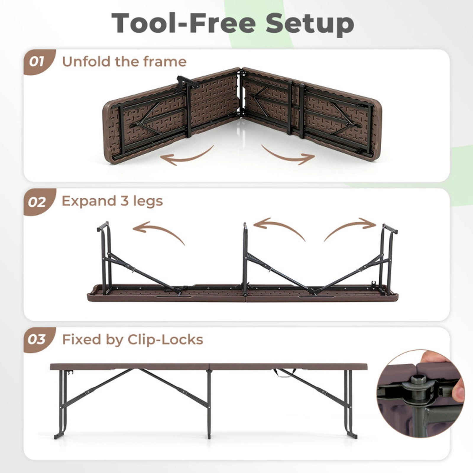 SUGIFT Plastic Folding Bench Picnic Camping Dining Seat 660-lb Capacity Coffee with Carrying Handle