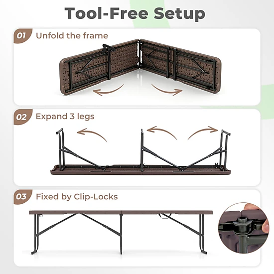 SUGIFT Plastic Folding Bench Picnic Camping Dining Seat 660-lb Capacity Coffee with Carrying Handle