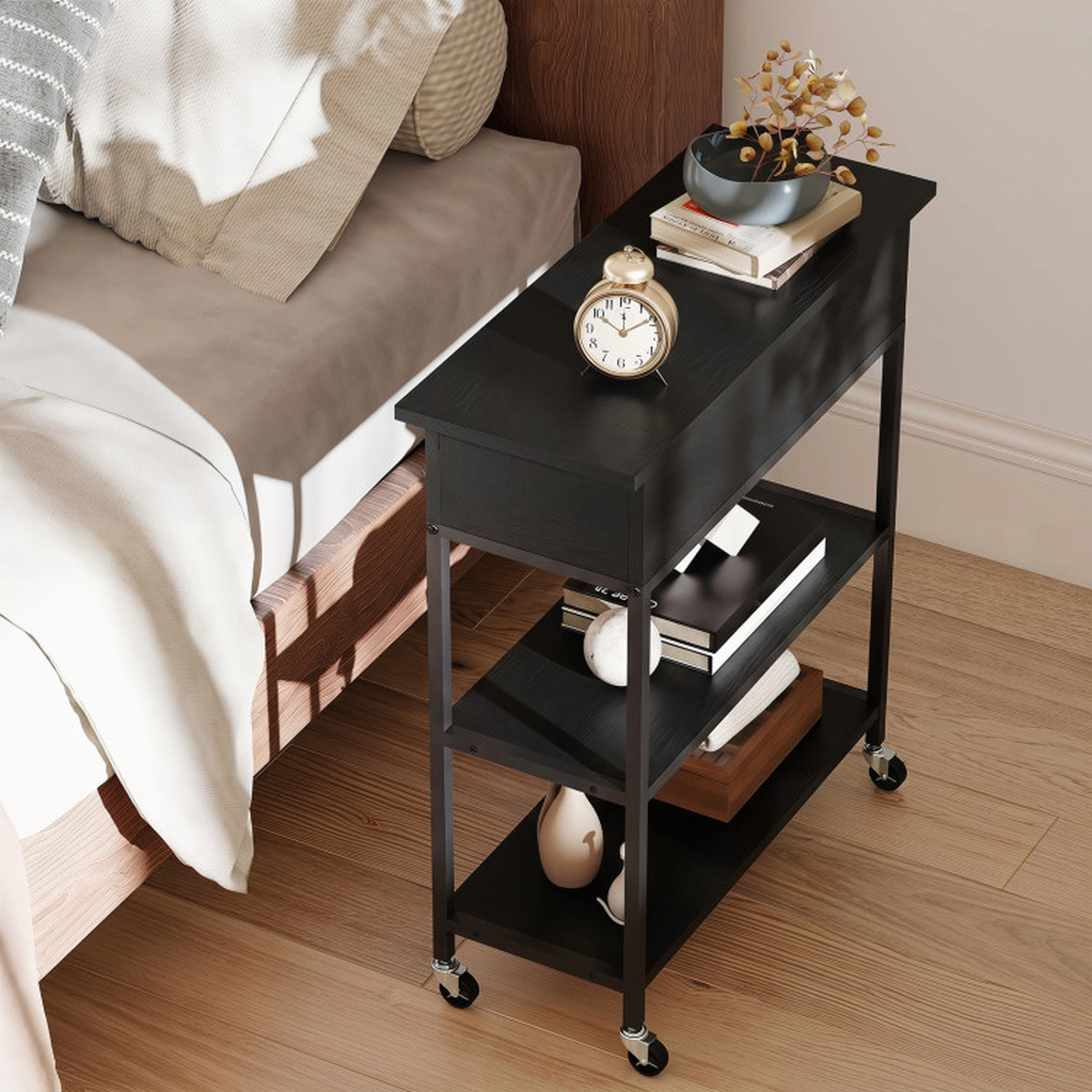 SUGIFT Lift Top End Table with Charging Station and Universal Wheels 121-lb Capacity Black/Rustic Brown