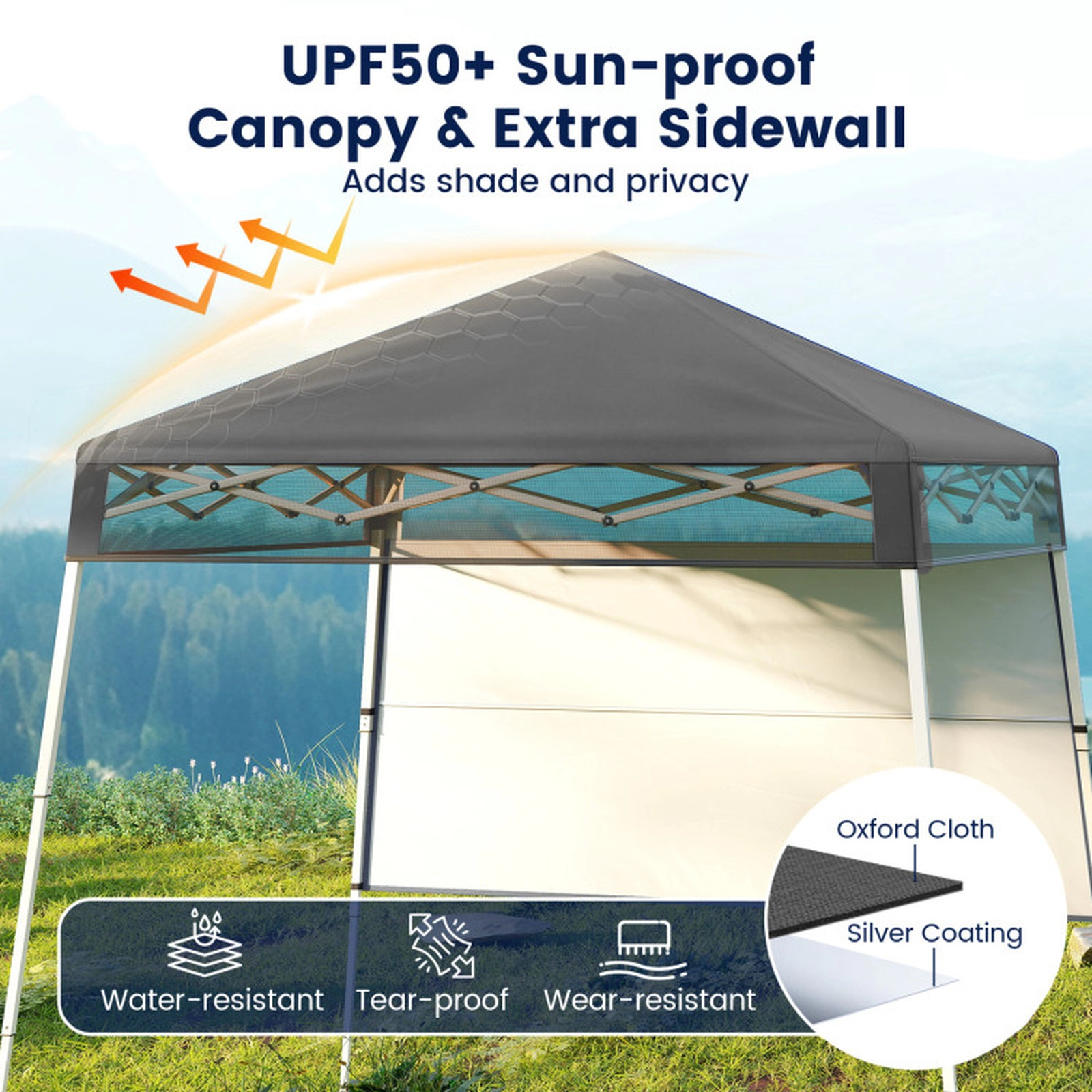 SUGIFT Gray Instant Slant Leg Pop Up Canopy Tent with 1 Half Sidewall and Anchor Plates 7-ft W 7-ft D 7.4-ft H