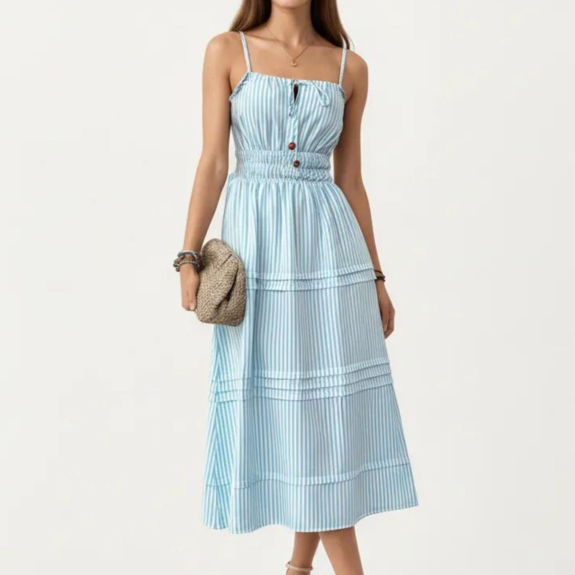 Anna-Kaci Women's Sleeveless Striped Adjustable Straps Smocked Waist Button Front Tiered Skirt Midi Dress
