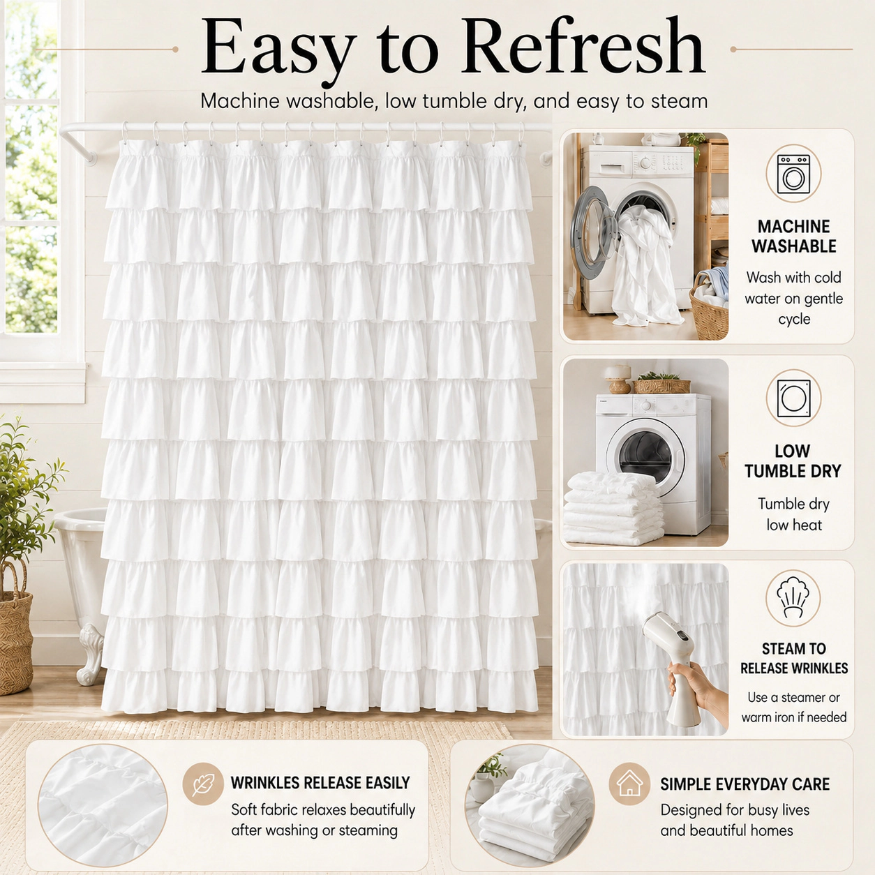 WZK White Ruffle Soft Microfiber Farmhouse Romantic Boho Style Machine Washable with Hooks Shower Curtain