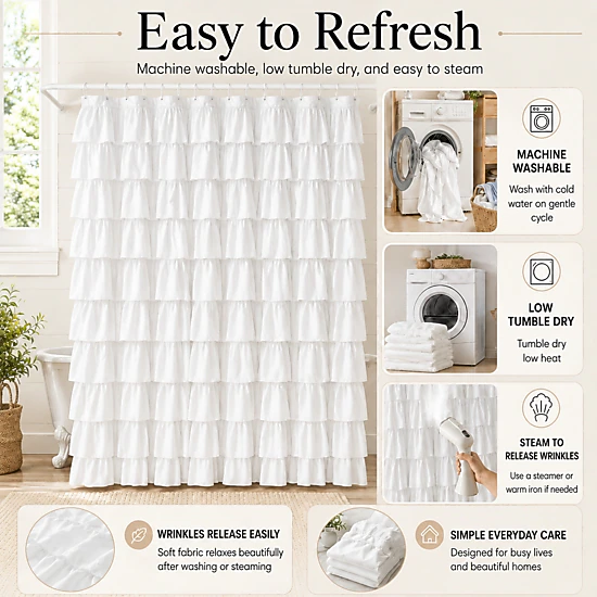 WZK White Ruffle Soft Microfiber Farmhouse Romantic Boho Style Machine Washable with Hooks Shower Curtain